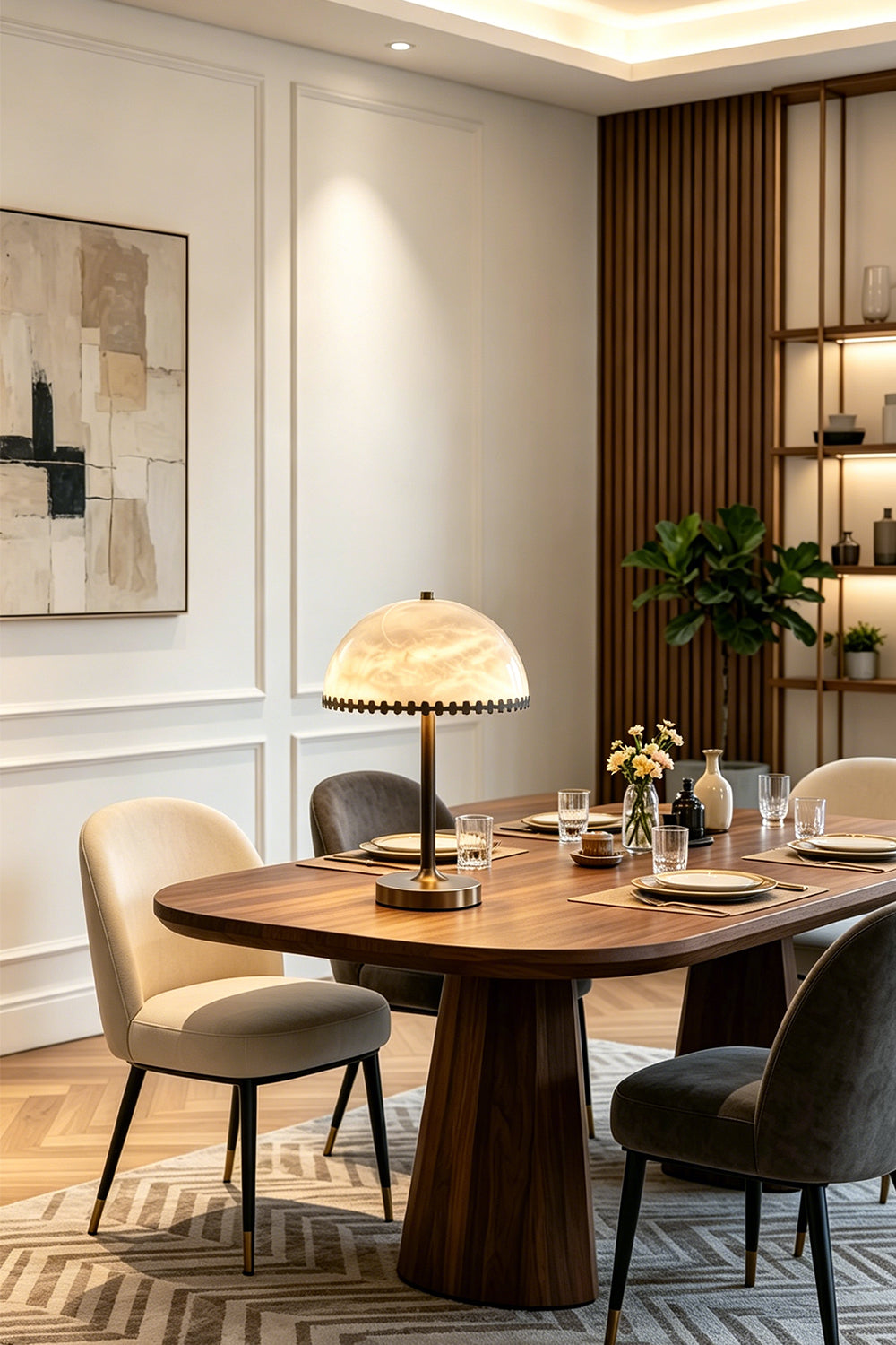 Helena Alabaster Trim Table Lamp | Dining Room Light | Standing illuminated as a refined centerpiece on a large dark wood dining table surrounded by contemporary upholstered chairs | Samu Lamp