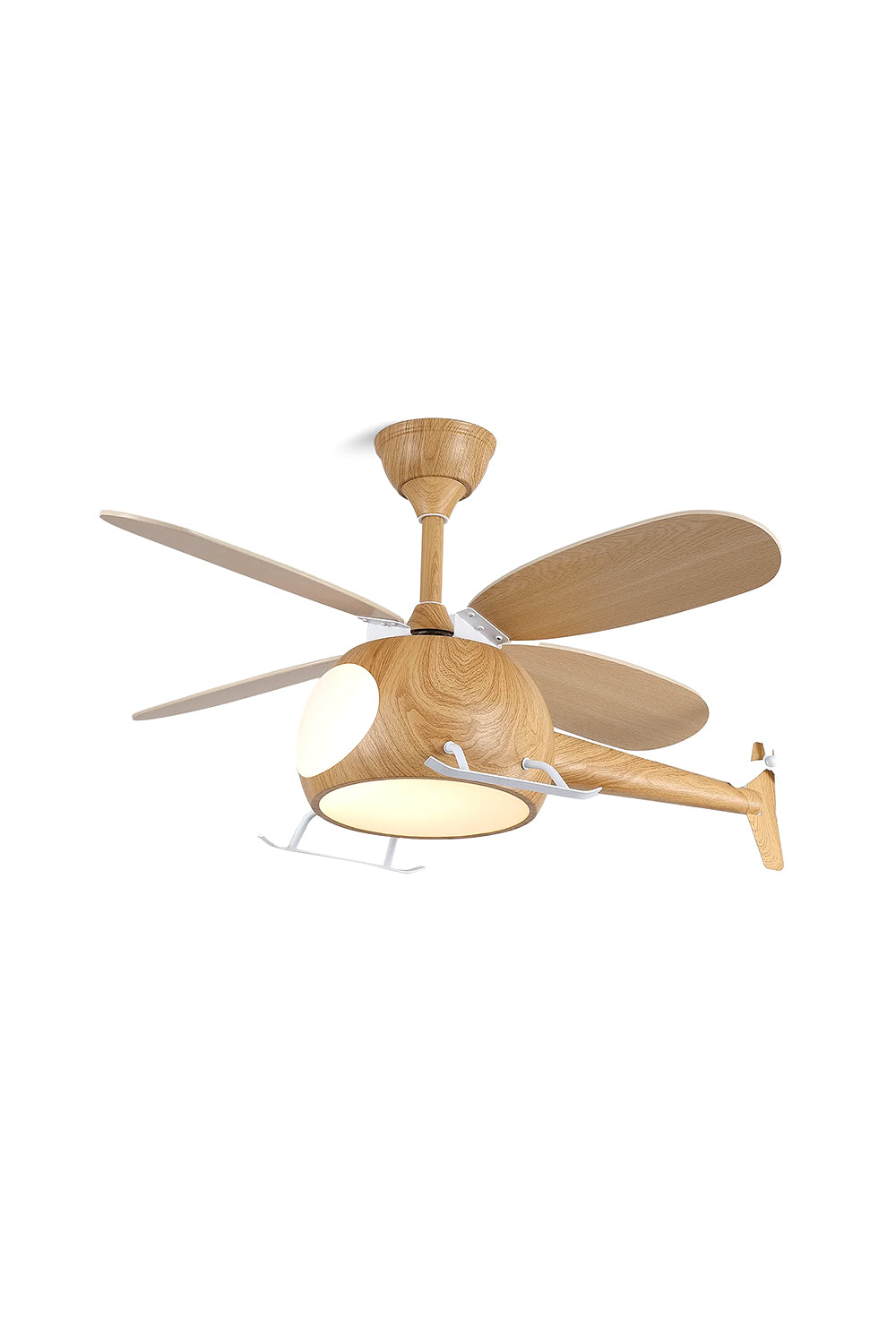 Heli Breeze Helicopter Ceiling Fan Light | Wood, Metal | Isolated lit product shot of a whimsical helicopter-shaped ceiling fan featuring light oak wood grain blades and fuselage with a glowing round light panel and cockpit windows | White background | Samu Lamp