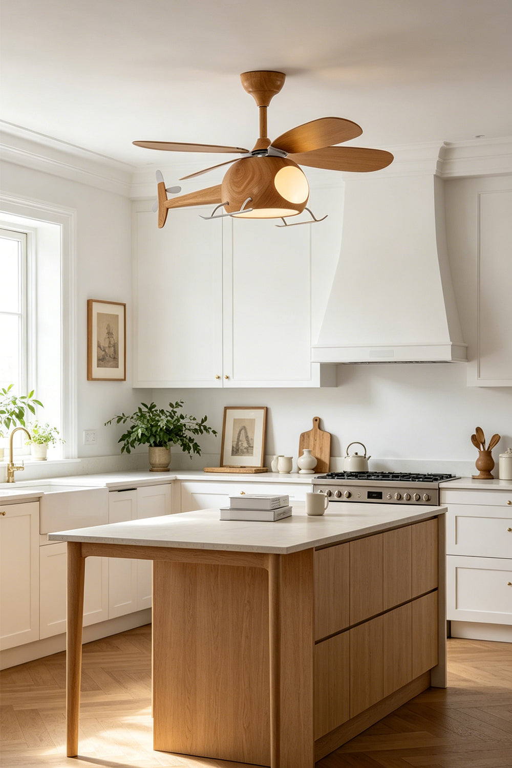 Heli Breeze Helicopter Ceiling Fan Light | Wood, Metal | Providing functional overhead lighting in a contemporary kitchen above a light oak island counter with white cabinetry | Samu Lamp