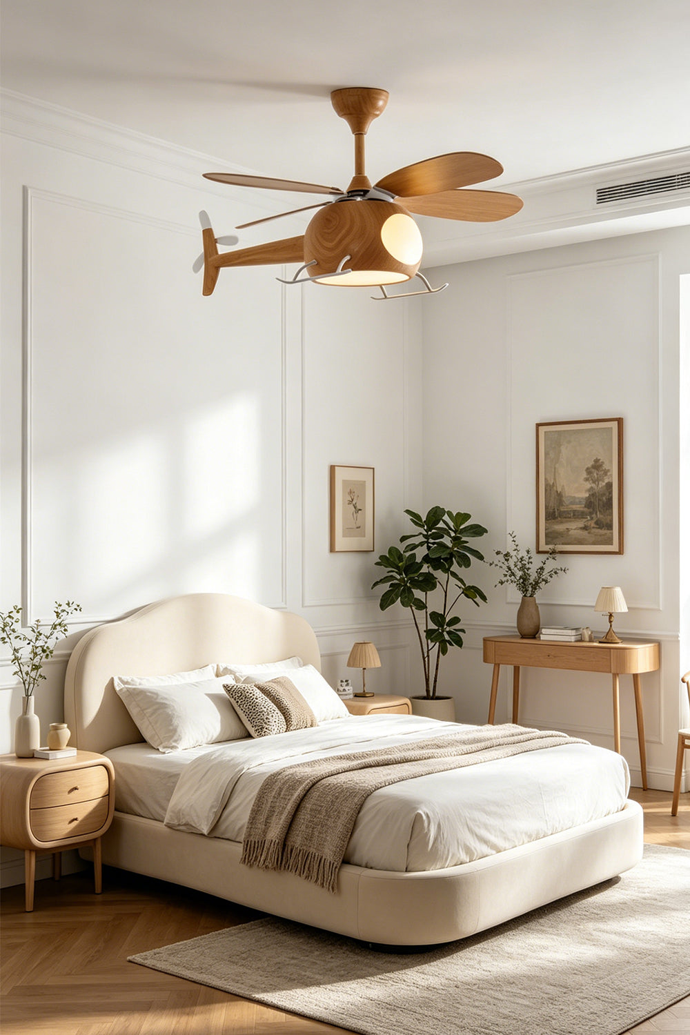 Heli Breeze Helicopter Ceiling Fan Light | Wood, Metal | Installed as a unique ceiling fixture casting a warm glow over a cream upholstered bed in a sunlit child's bedroom | Samu Lamp