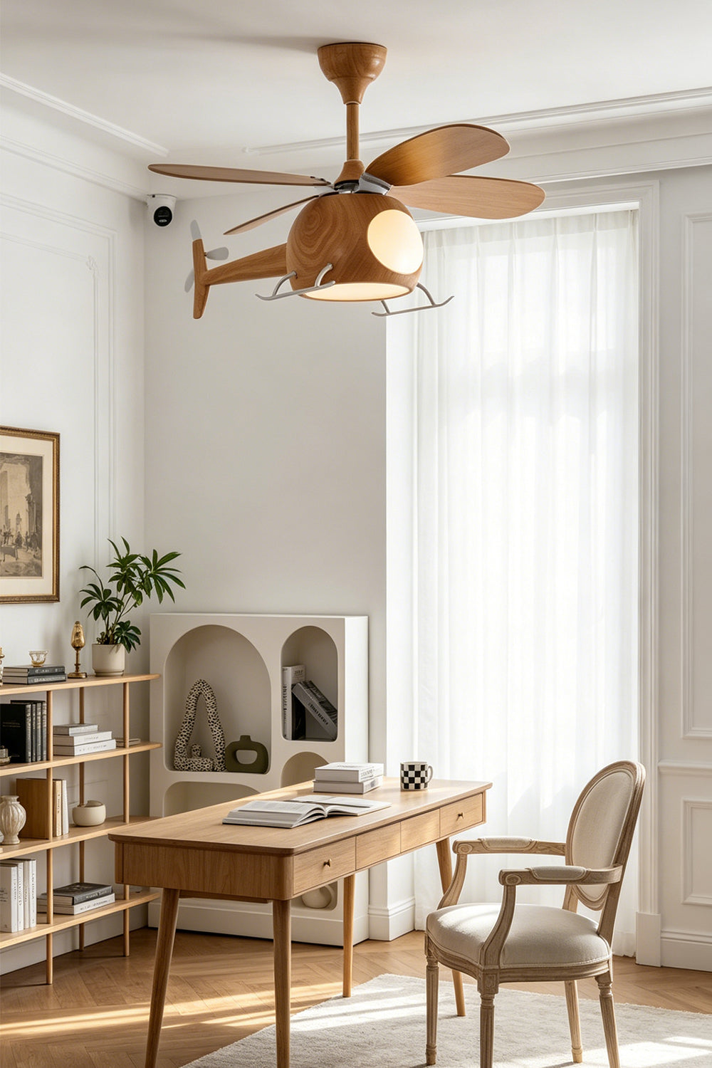 Heli Breeze Helicopter Ceiling Fan Light | Wood, Metal | Wide-angle view showcasing the playful helicopter fan light in a bright classical living room with arched windows and cream sofas | Samu Lamp