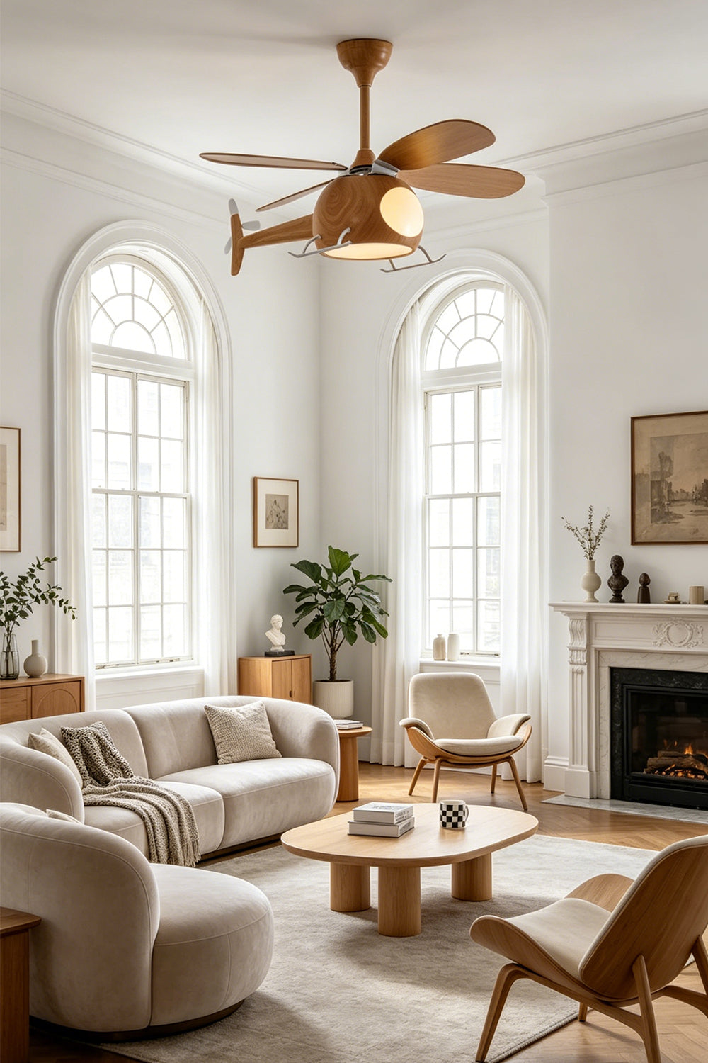 Heli Breeze Helicopter Ceiling Fan Light | Wood, Metal | Wide-angle view showcasing the playful helicopter fan light in a bright classical living room with arched windows and cream sofas | Samu Lamp