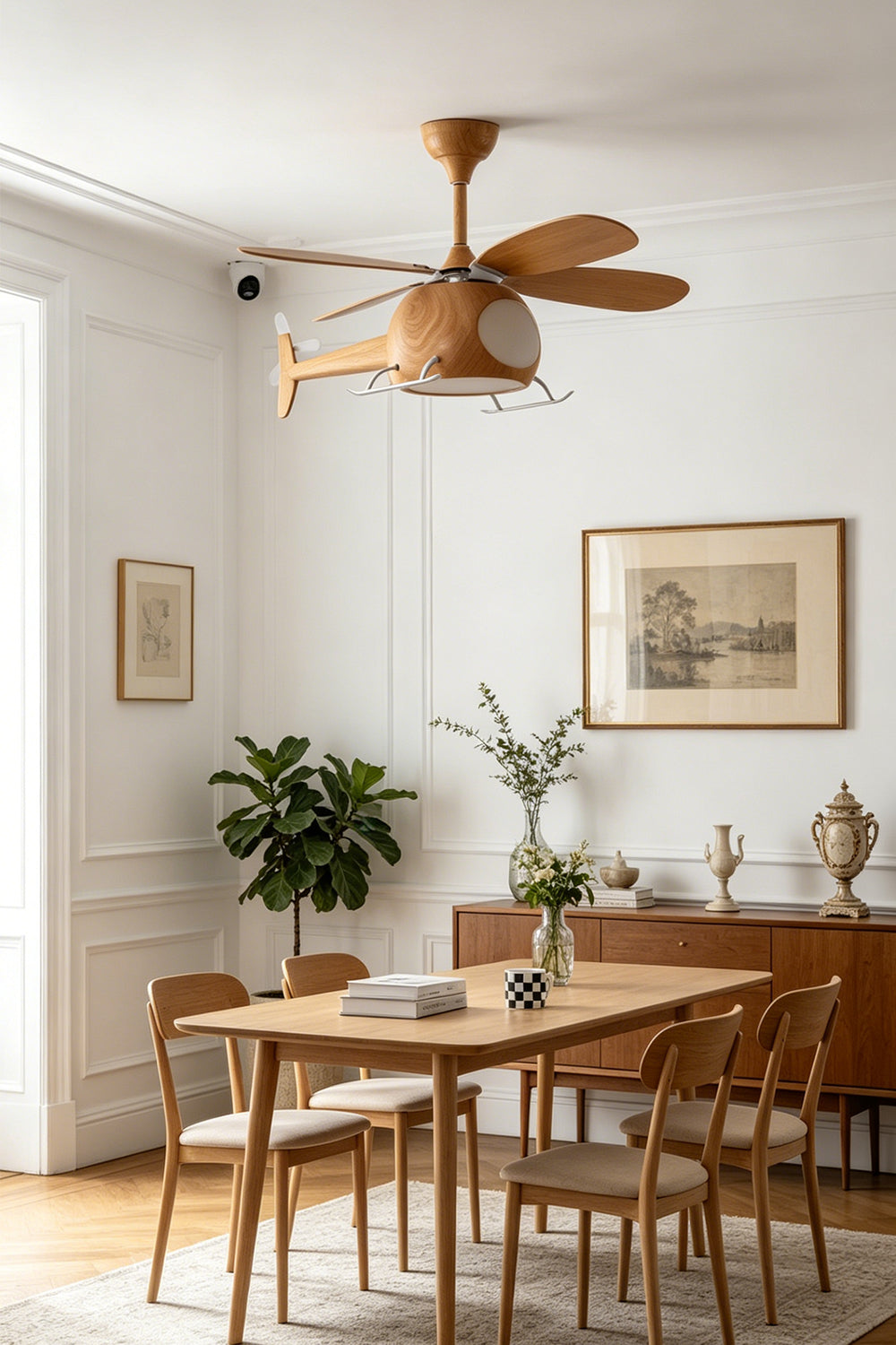 Heli Breeze Helicopter Ceiling Fan Light | Wood, Metal | Suspended over a rectangular wooden dining table and chairs, casting a cozy glow in a contemporary open-concept home interior | Samu Lamp