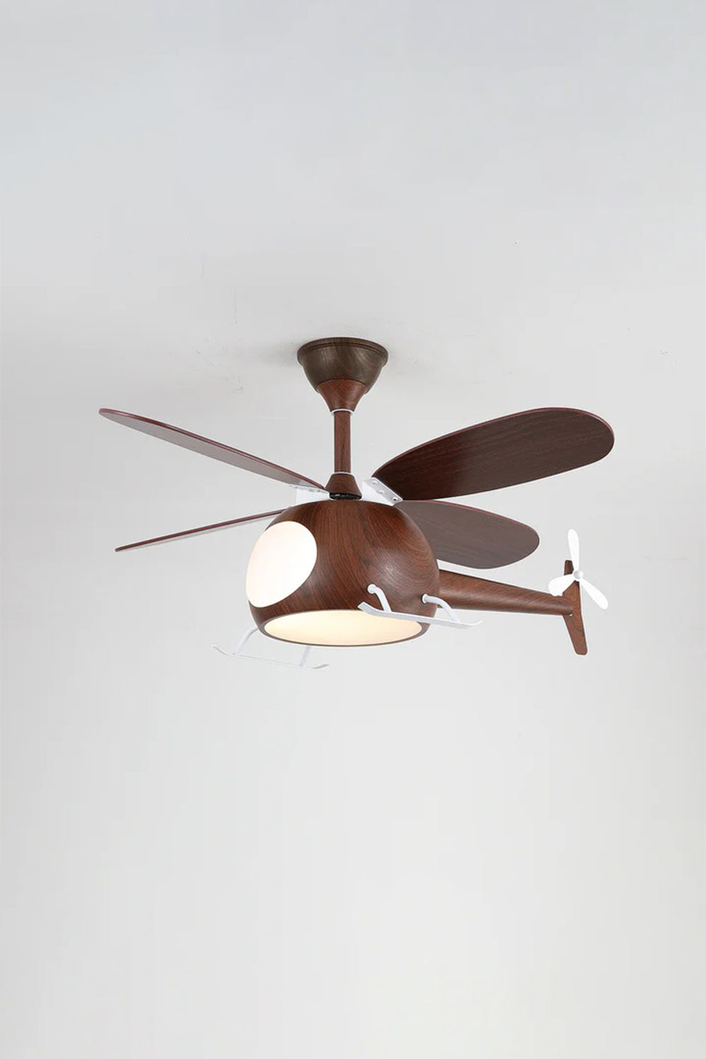 Heli Breeze Helicopter Ceiling Fan Light | Wood, Metal | Studio variant view of the dark walnut wood grain helicopter fan version unlit against a plain light grey background | Samu Lamp
