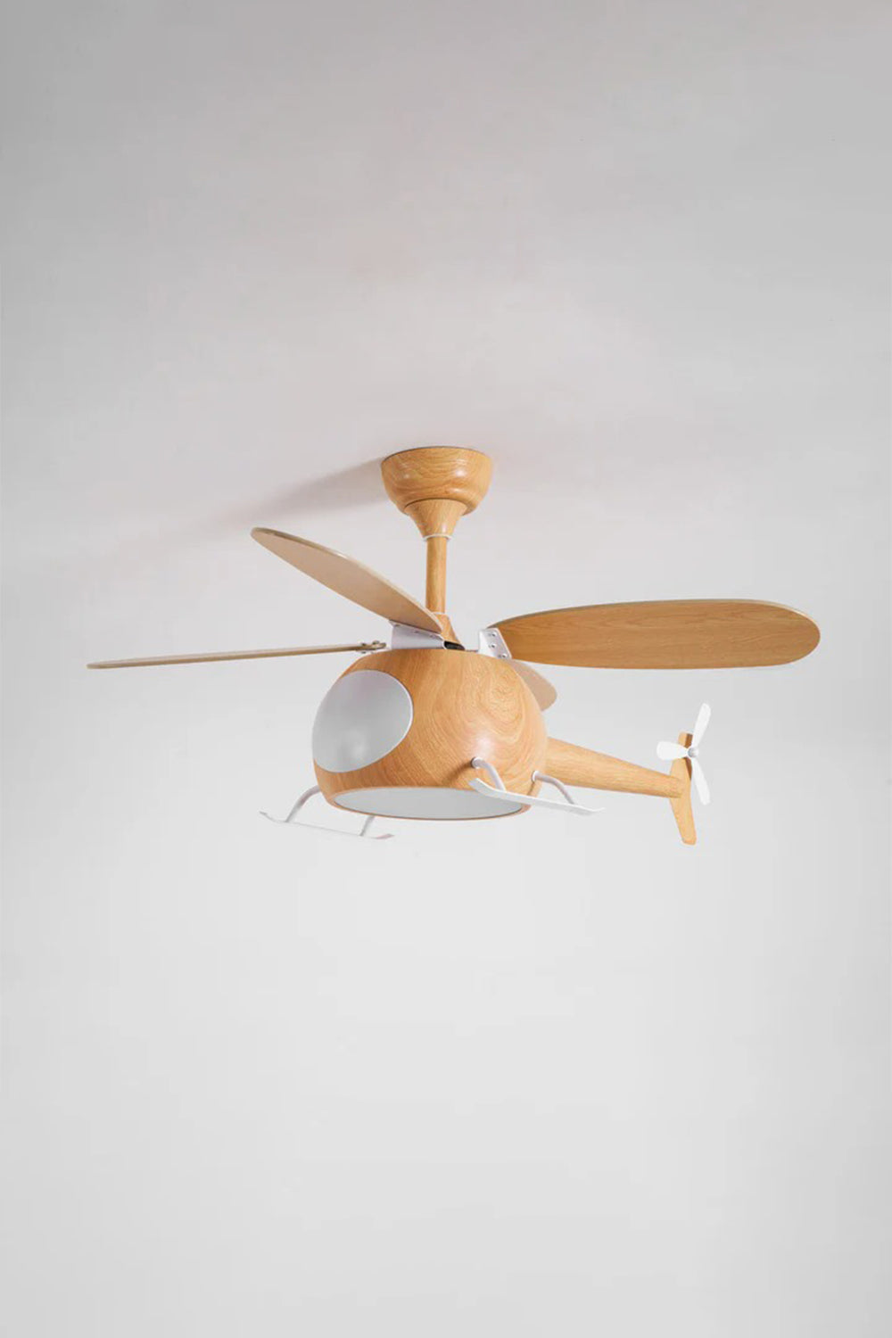 Heli Breeze Helicopter Ceiling Fan Light | Wood, Metal | Studio side profile view of the light oak wood helicopter chandelier fan variant suspended against a plain backdrop | Samu Lamp