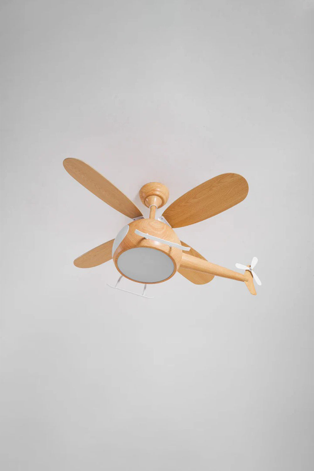Heli Breeze Helicopter Ceiling Fan Light | Wood, Metal | Studio view of the unlit light oak wood helicopter ceiling fan variant displayed against a light grey studio background | Samu Lamp
