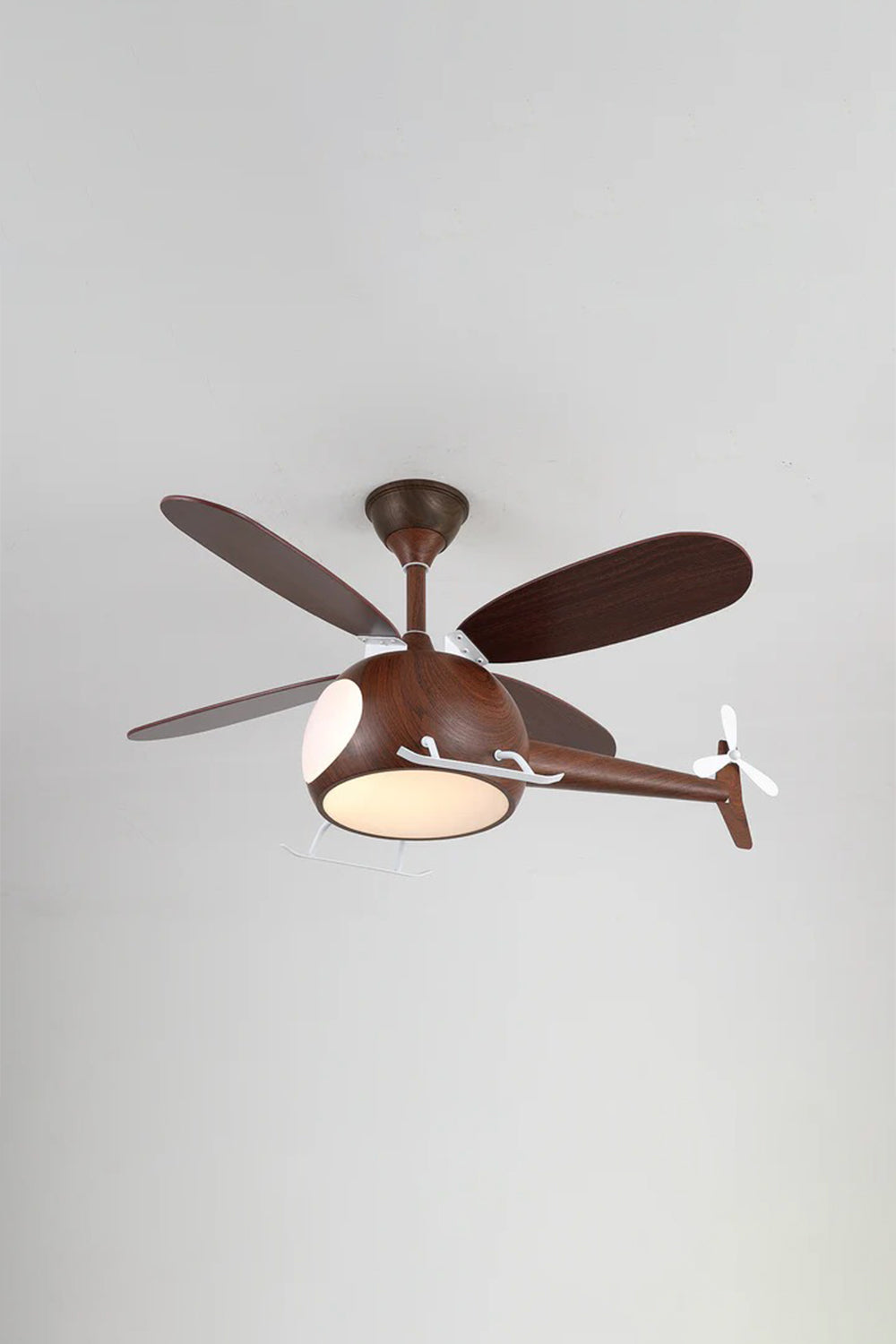Heli Breeze Helicopter Ceiling Fan Light | Wood, Metal | Studio variant view of the dark walnut wood grain helicopter fan version fully illuminated against a plain grey backdrop | Samu Lamp