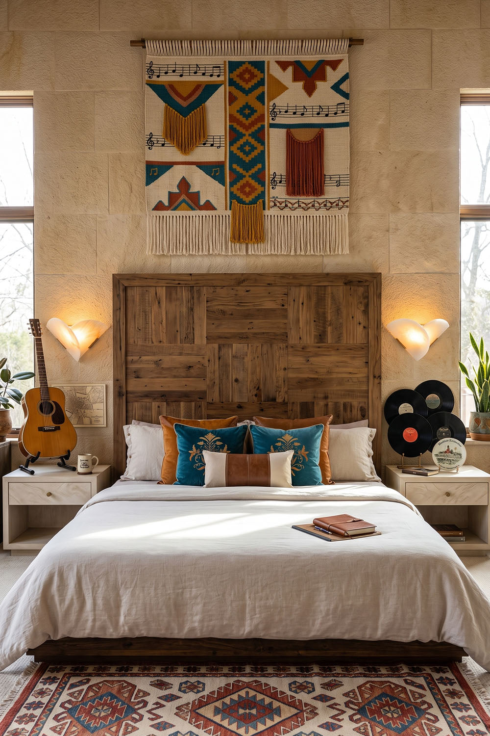 Hollis Angled Alabaster Wall Lamp | Natural Alabaster and Metal | Pair of sconces flanking a wooden headboard in a cozy bedroom | Samu Lamp