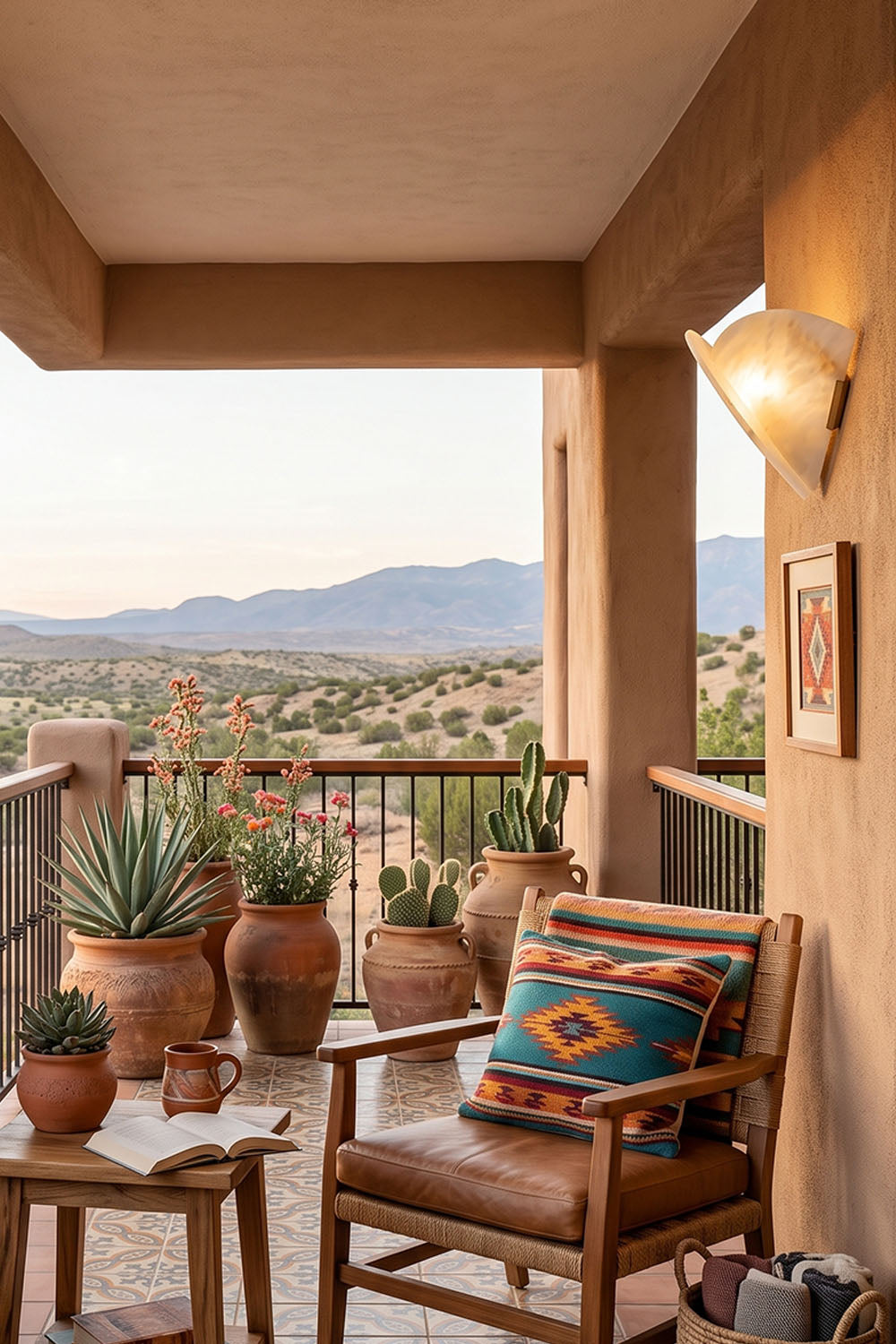 Hollis Angled Alabaster Wall Lamp | Natural Alabaster and Metal | Displayed on a terrace balcony wall with desert mountain view | Samu Lamp