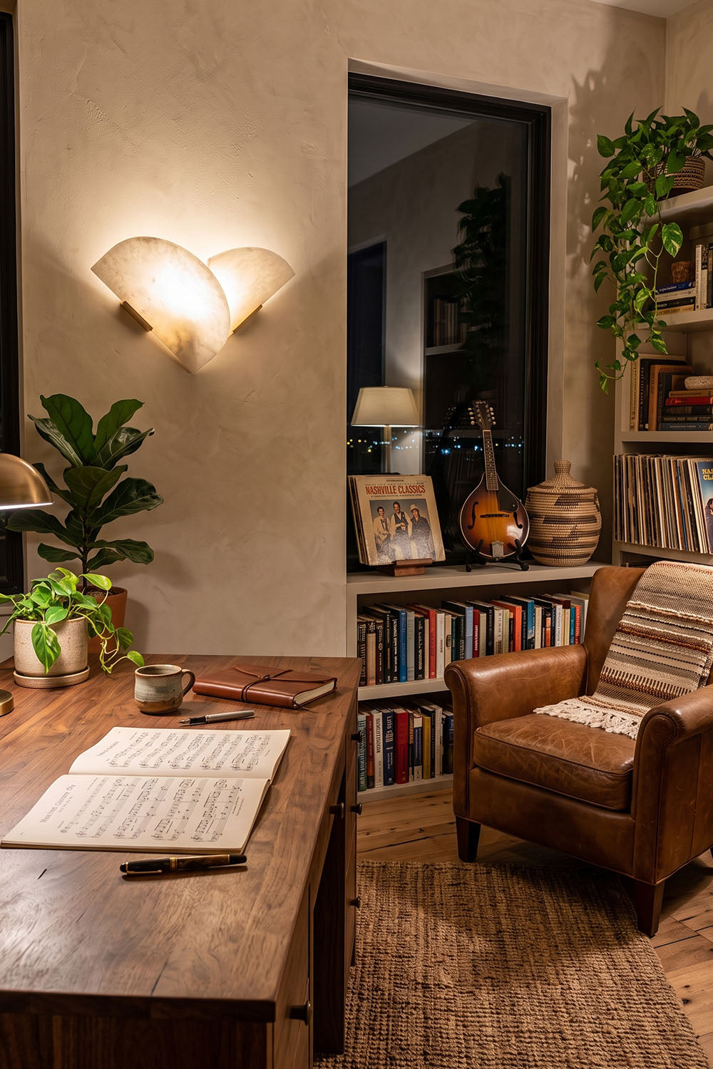 Hollis Angled Alabaster Wall Lamp | Natural Alabaster and Metal | Illuminating a home office study with a wooden desk and leather chair | Samu Lamp