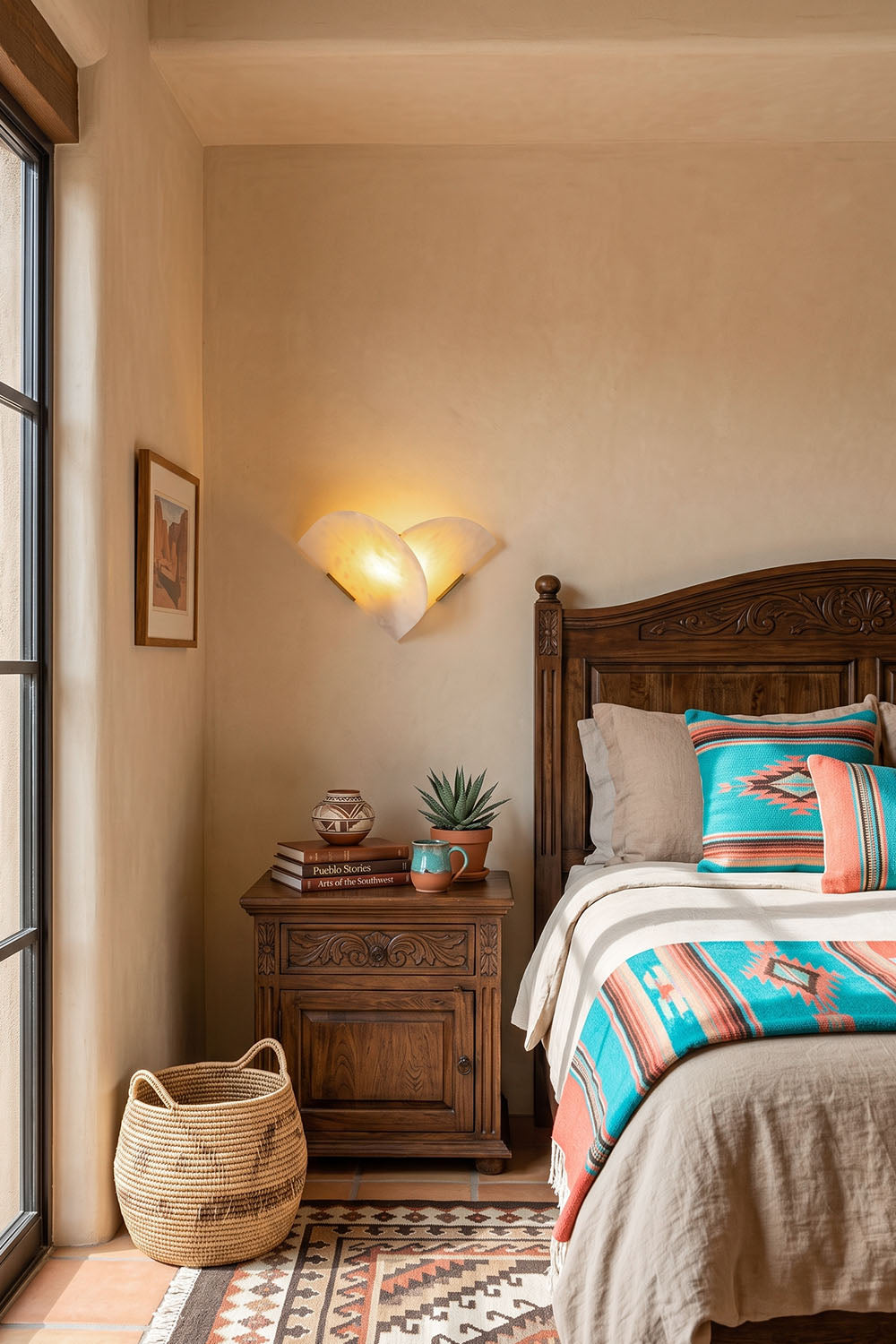 Hollis Angled Alabaster Wall Lamp | Natural Alabaster and Metal | Mounted on a bedroom wall beside a wooden bed and nightstand | Samu Lamp