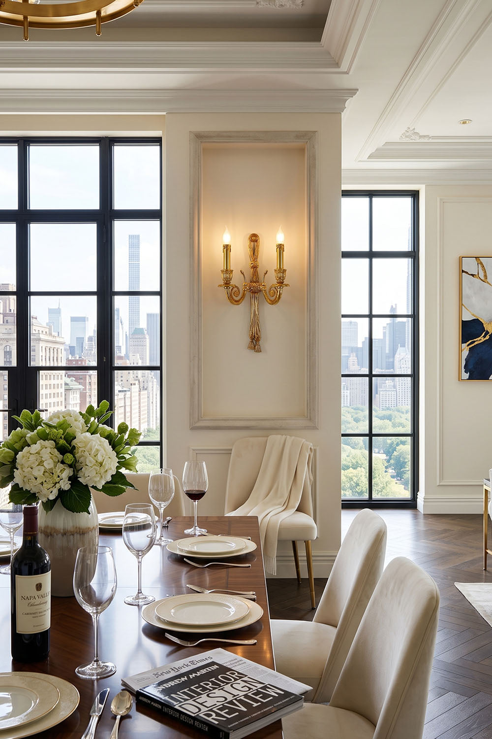 Honoria Rope and Tassel Brass Sconce | Brass and Metal | Decorating a wall between large windows in an elegant dining room | Samu Lamp