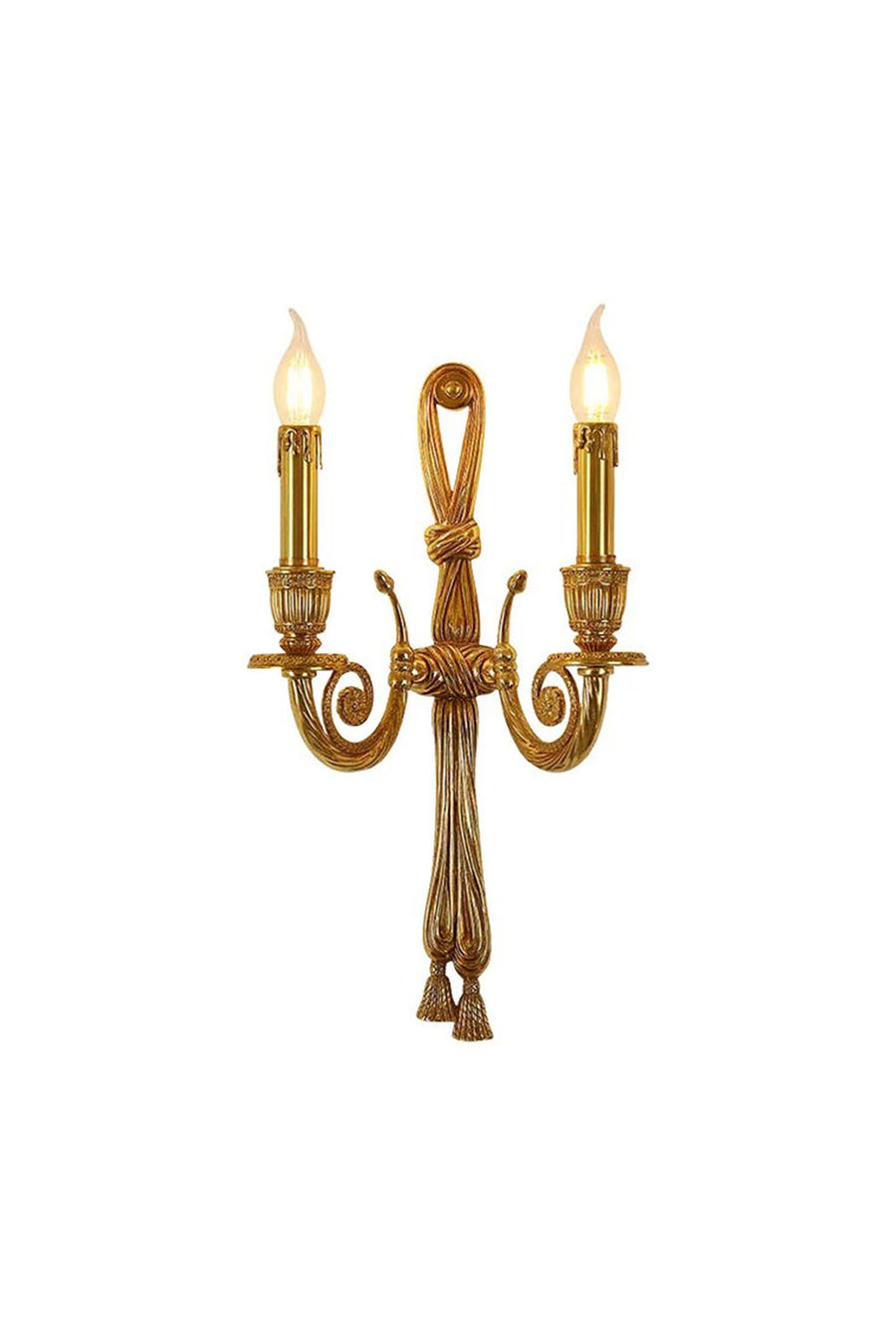 Honoria Rope and Tassel Brass Sconce | Brass and Metal | Front full view on a pure white background, illuminated | Samu Lamp