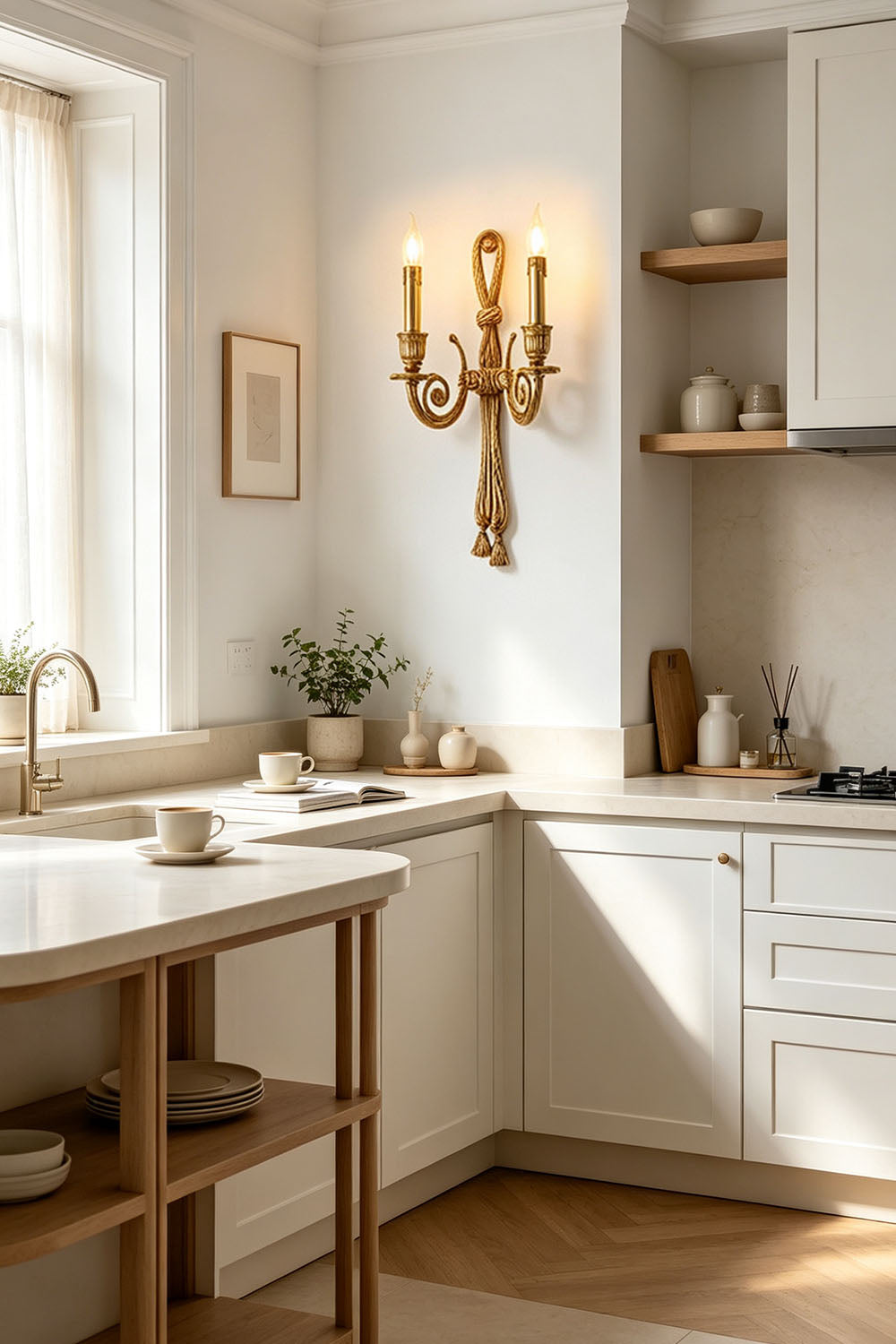 Honoria Rope and Tassel Brass Sconce | Brass and Metal | Illuminating a bright modern kitchen space above a white counter | Samu Lamp