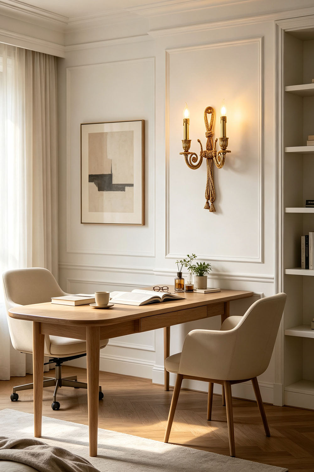 Honoria Rope and Tassel Brass Sconce | Brass and Metal | Displayed in an elegant home office near a wooden desk and chair | Samu Lamp