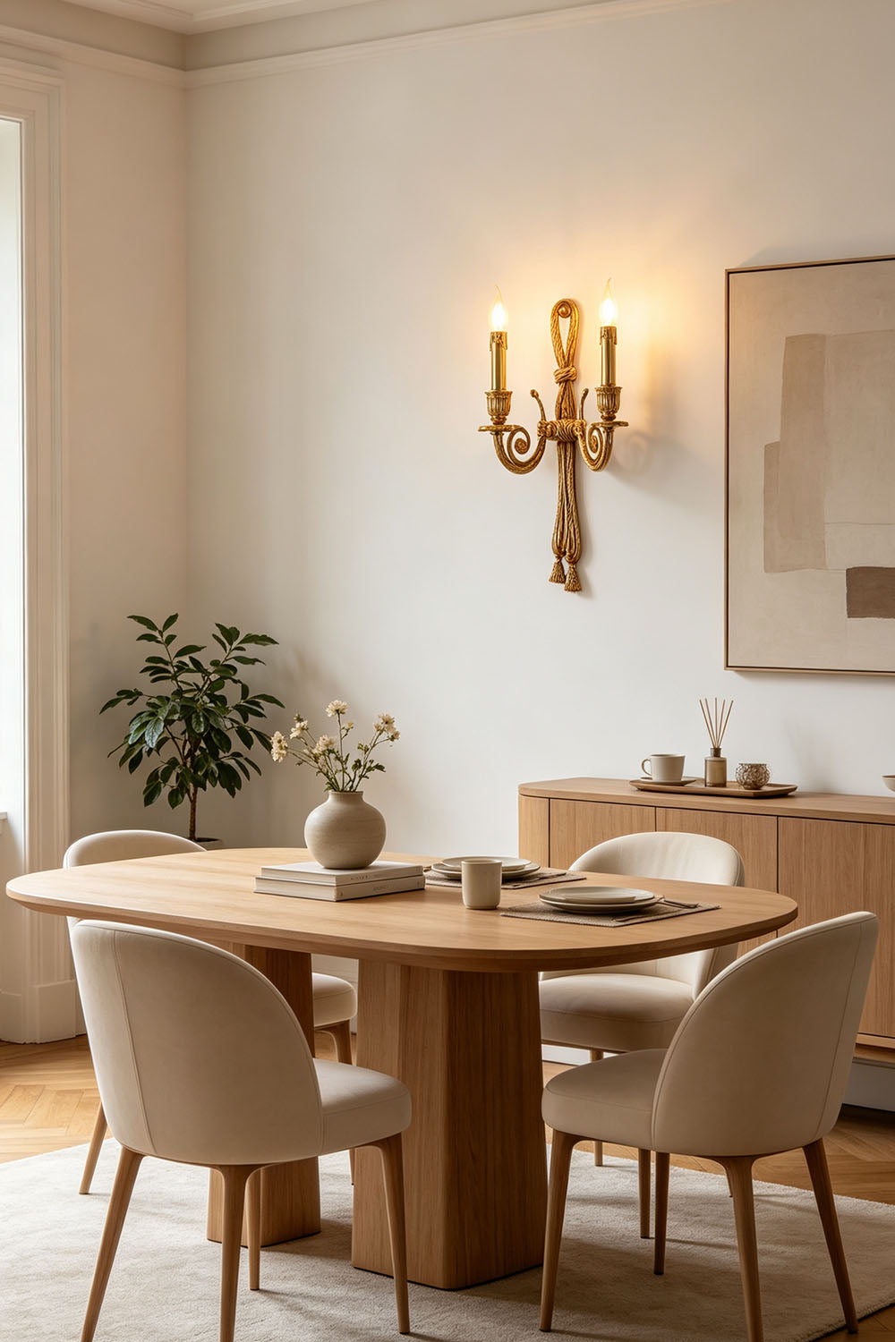 Honoria Rope and Tassel Brass Sconce | Brass and Metal | Glowing warmly on a wall next to a round dining table setup | Samu Lamp