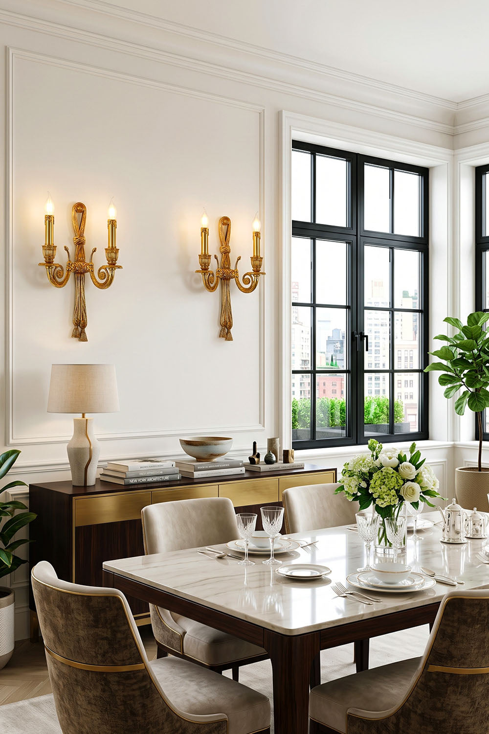 Honoria Rope and Tassel Brass Sconce | Brass and Metal | A pair mounted on a white paneled wall above a dark dining room cabinet | Samu Lamp