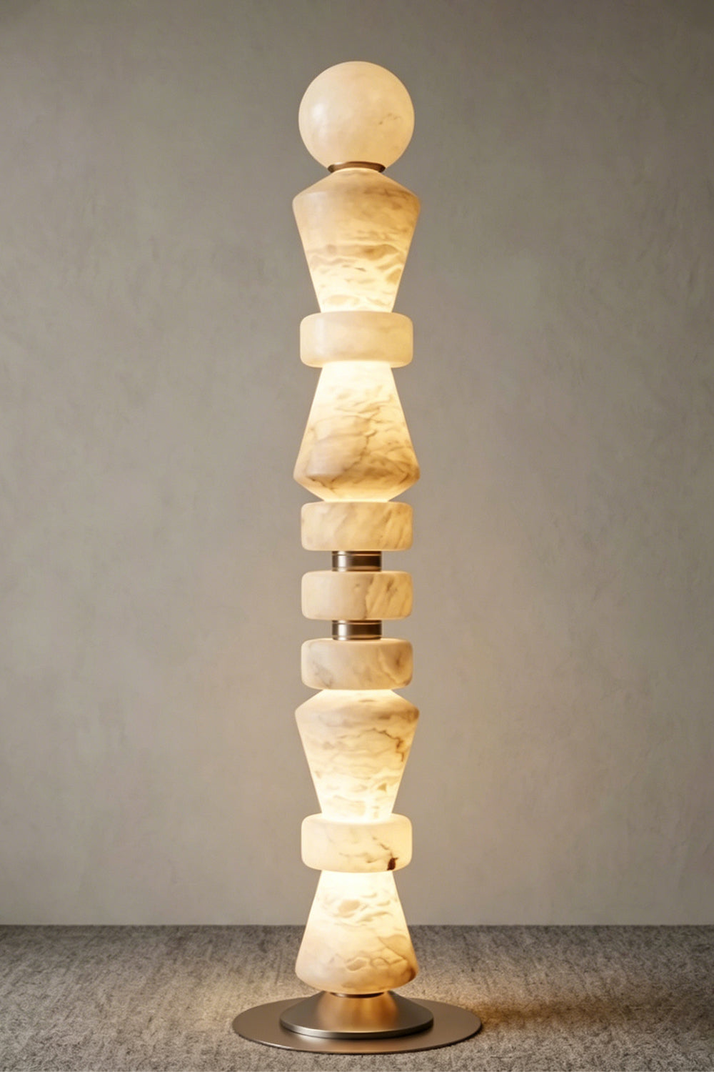 Horizon Obelisk Alabaster & Brass Floor Lamp | Alabaster, Brass | Full-height lit view on grey background | Samu Lamp
