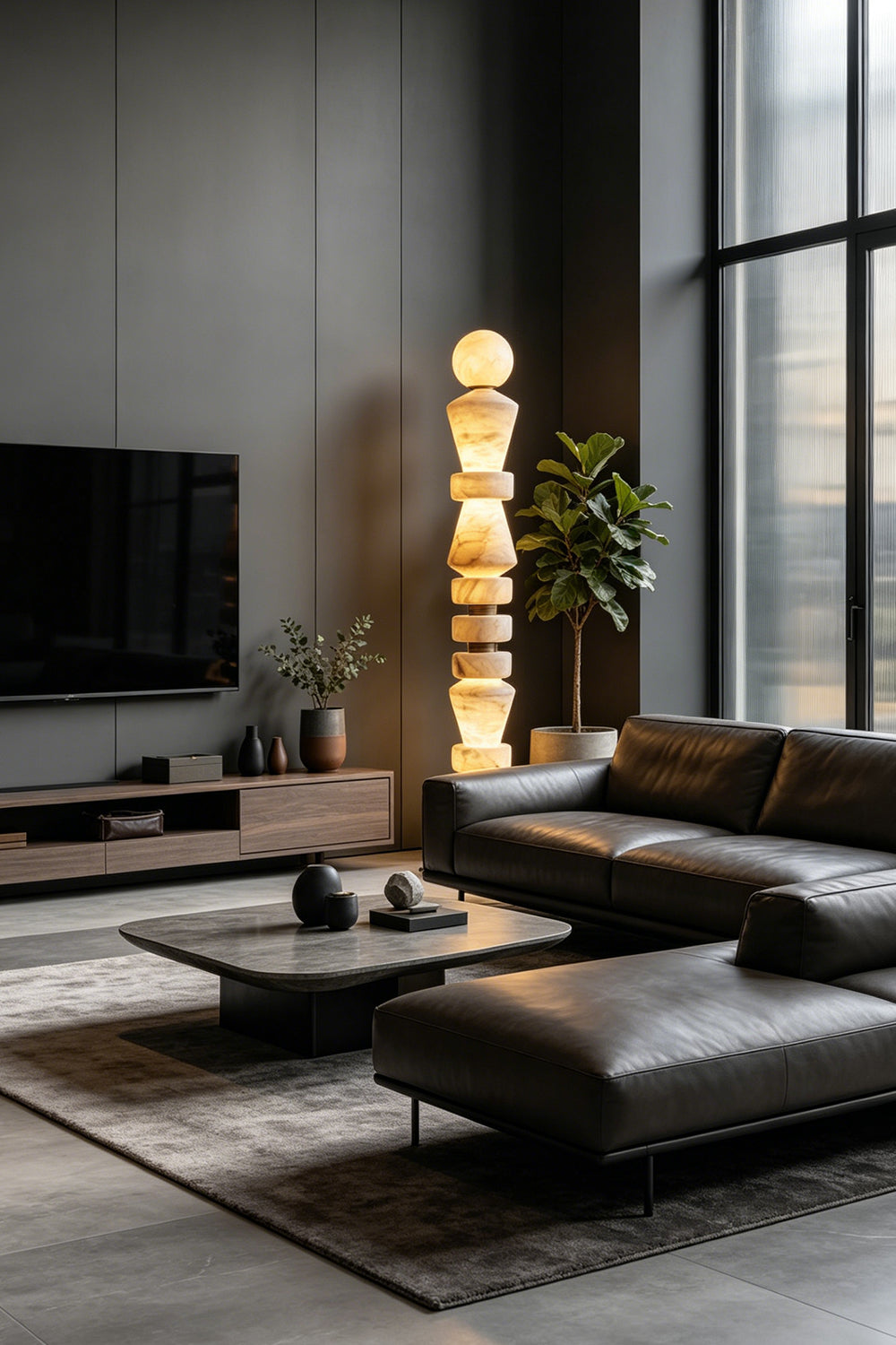 Horizon Obelisk Floor Lamp | Alabaster, Brass | Large living room scene with corner sofa and media console | Samu Lamp