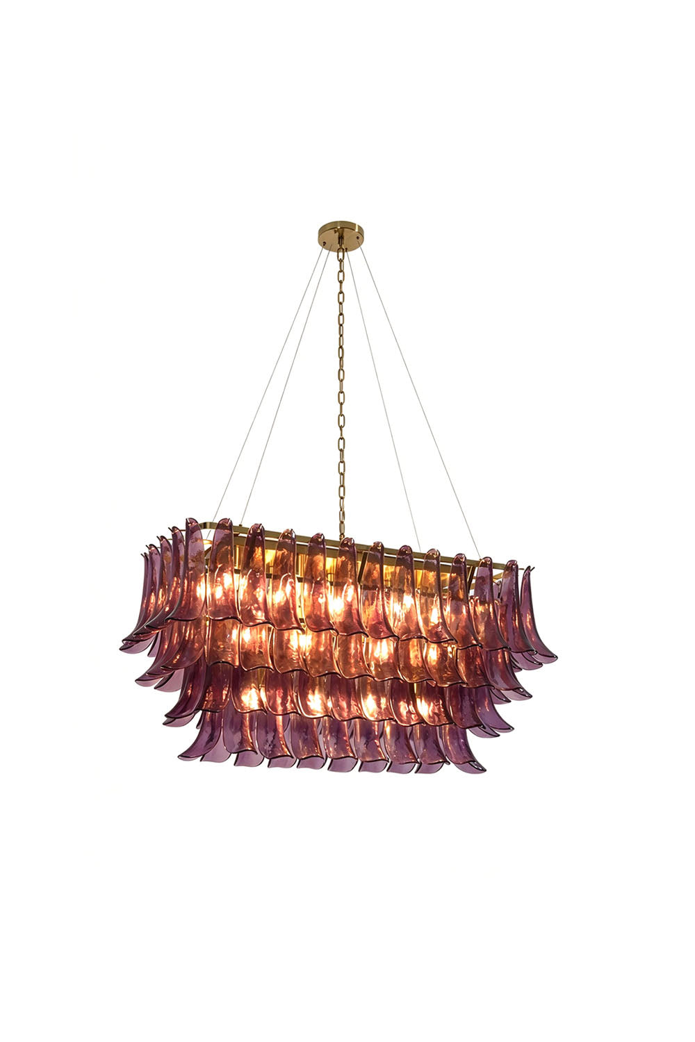 Ilvesse Amethyst Glass Petal Rectangular Chandelier | Amethyst Glass and Brass | Front full view on a pure white background, illuminated | Samu Lamp