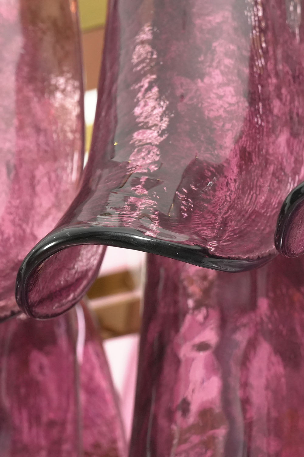 Ilvesse Amethyst Glass Petal Rectangular Chandelier | Amethyst Glass and Brass | Macro close-up shot highlighting translucent amethyst purple glass petals | Samu Lamp