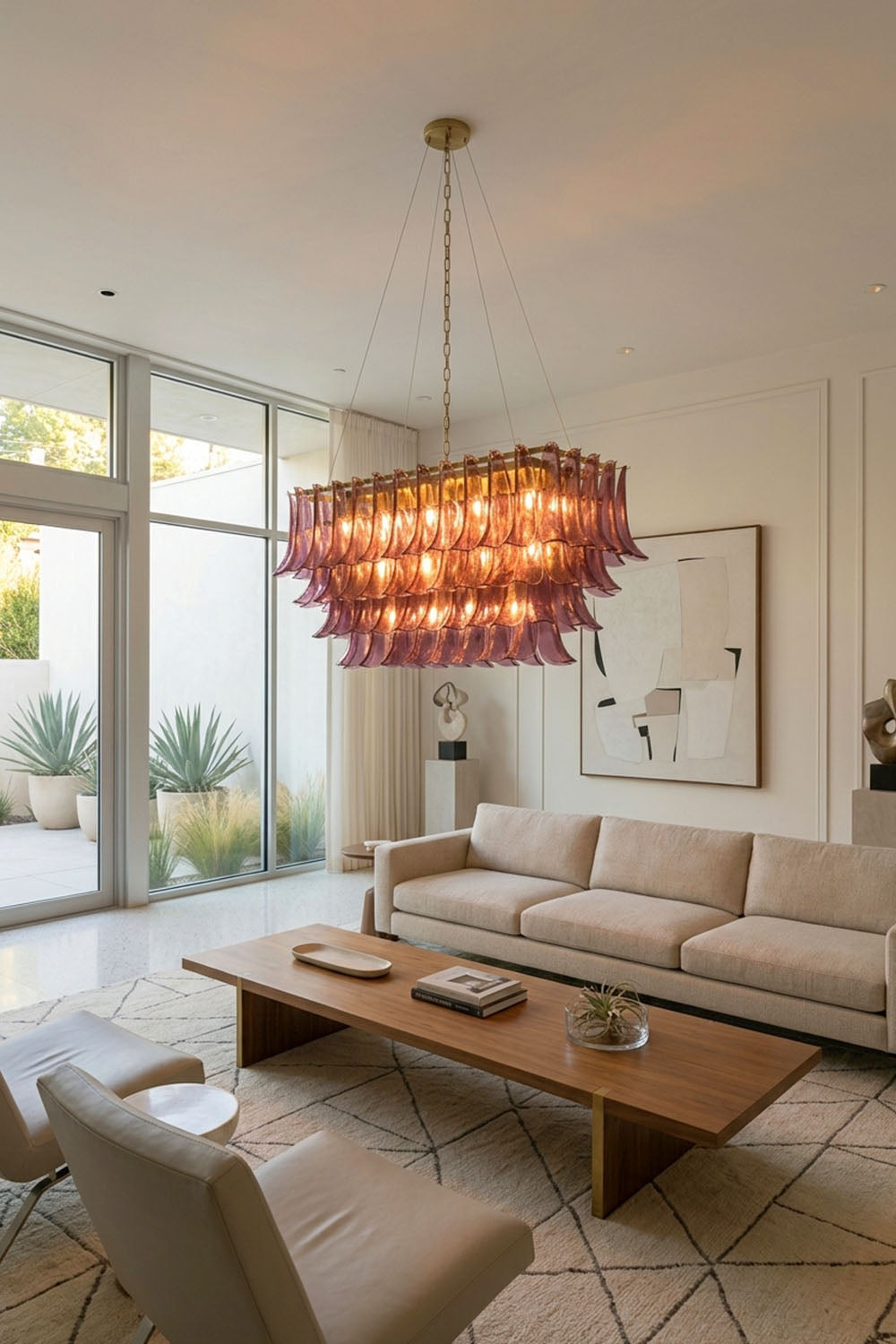 Ilvesse Amethyst Glass Petal Rectangular Chandelier | Amethyst Glass and Brass | Centered in a luxury living room space with large window views | Samu Lamp