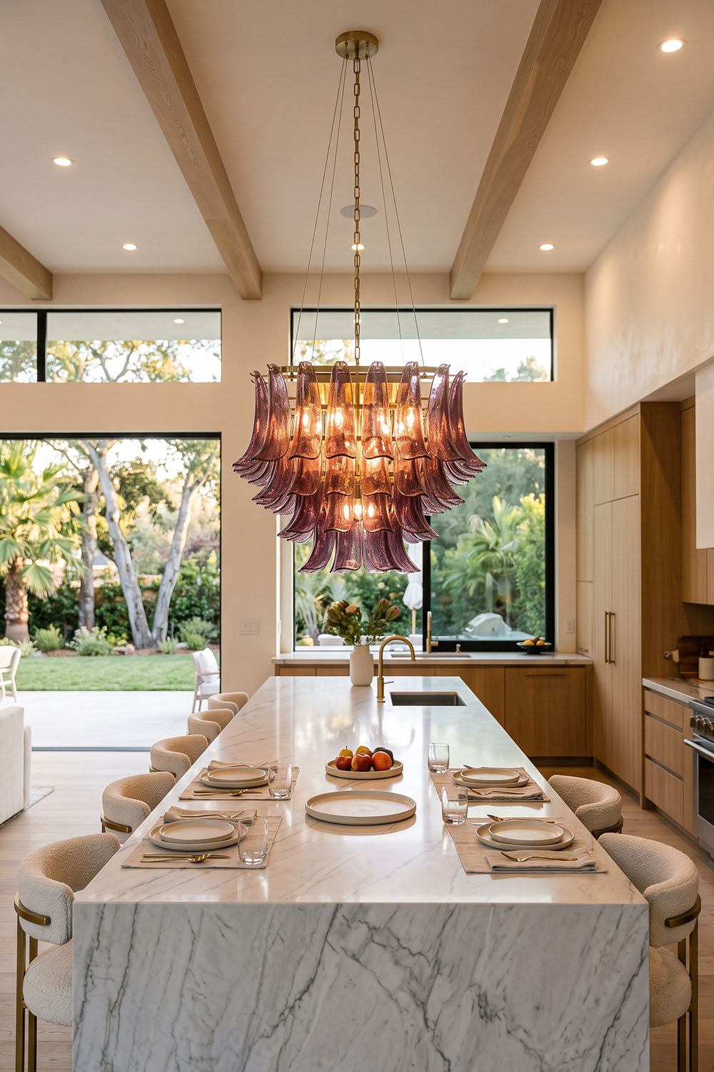 Ilvesse Amethyst Glass Petal Rectangular Chandelier | Amethyst Glass and Brass | Hanging above a long marble dining table in a high-ceiling dining room | Samu Lamp