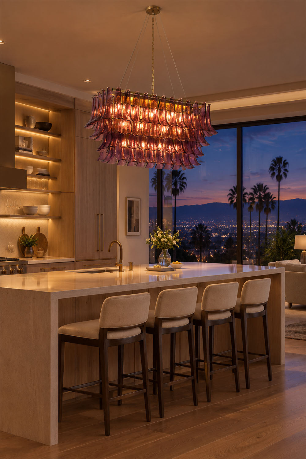 Ilvesse Amethyst Glass Petal Rectangular Chandelier | Amethyst Glass and Brass | Styled above a home bar counter overlooking twilight skyline windows | Samu Lamp