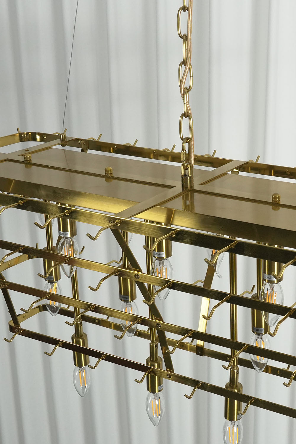 Ilvesse Amethyst Glass Petal Rectangular Chandelier | Amethyst Glass and Brass | Detail shot of the internal rectangular brass frame structure without glass | Samu Lamp
