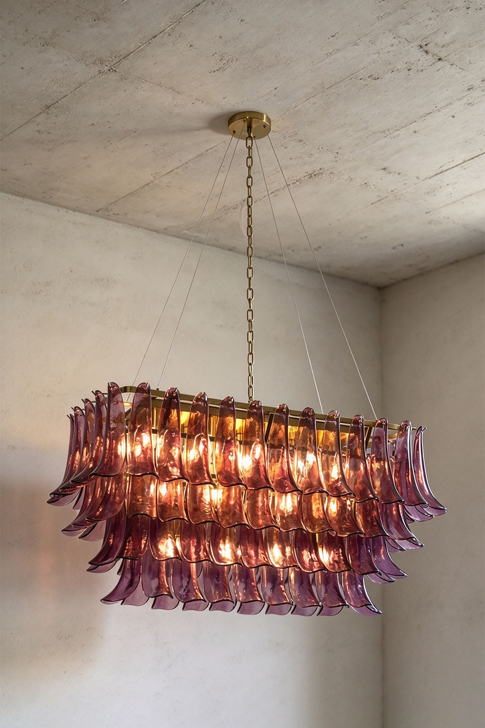 Ilvesse Amethyst Glass Petal Rectangular Chandelier | Amethyst Glass and Brass | Real-life view illuminated gracefully near a white ceiling | Samu Lamp