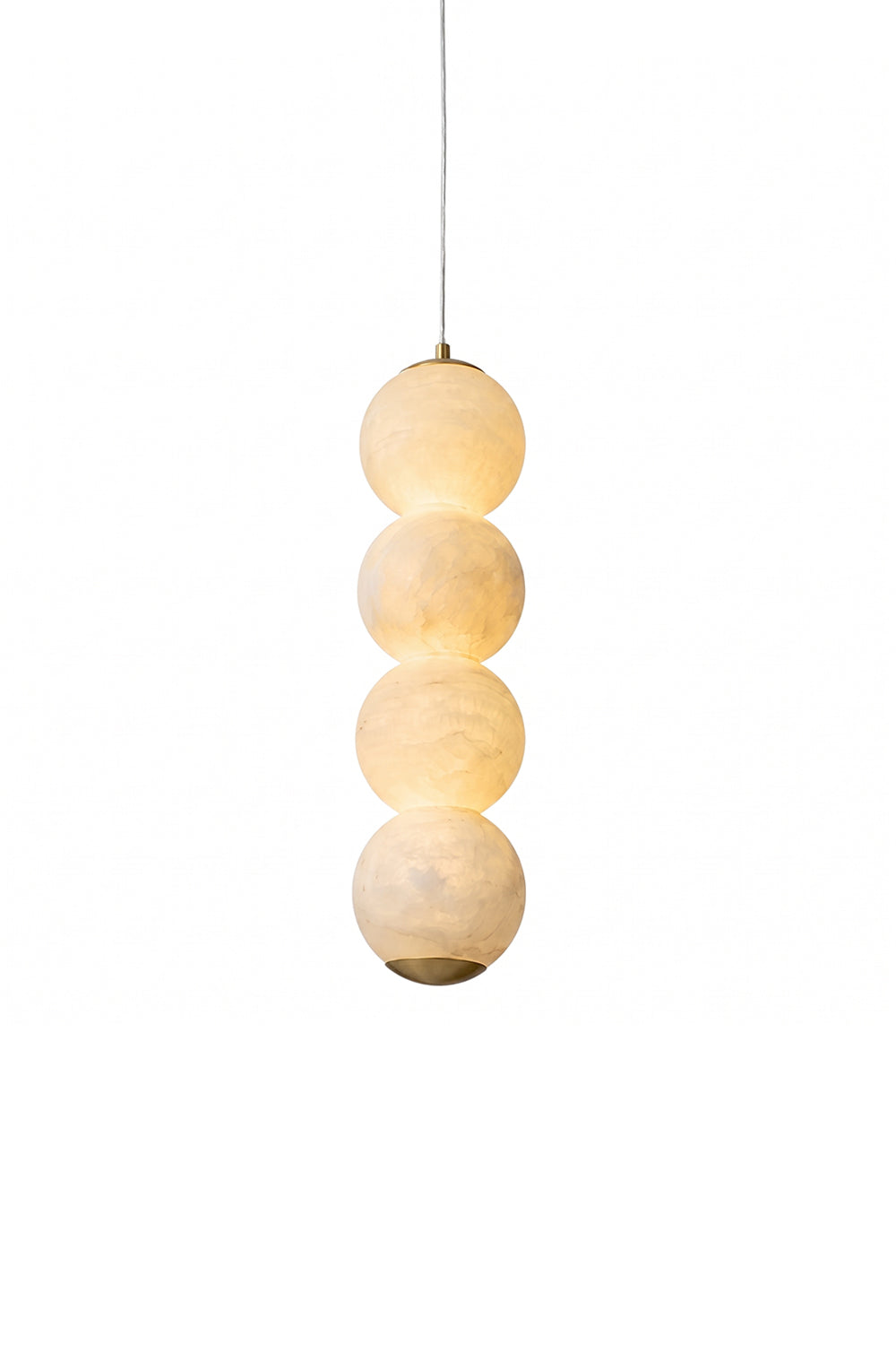 Imperial Epoch Alabaster Pendant Lamp | Metal, Alabaster | Four stacked glowing alabaster spheres with brass accents | Isolated lit product shot on white background | Samu Lamp