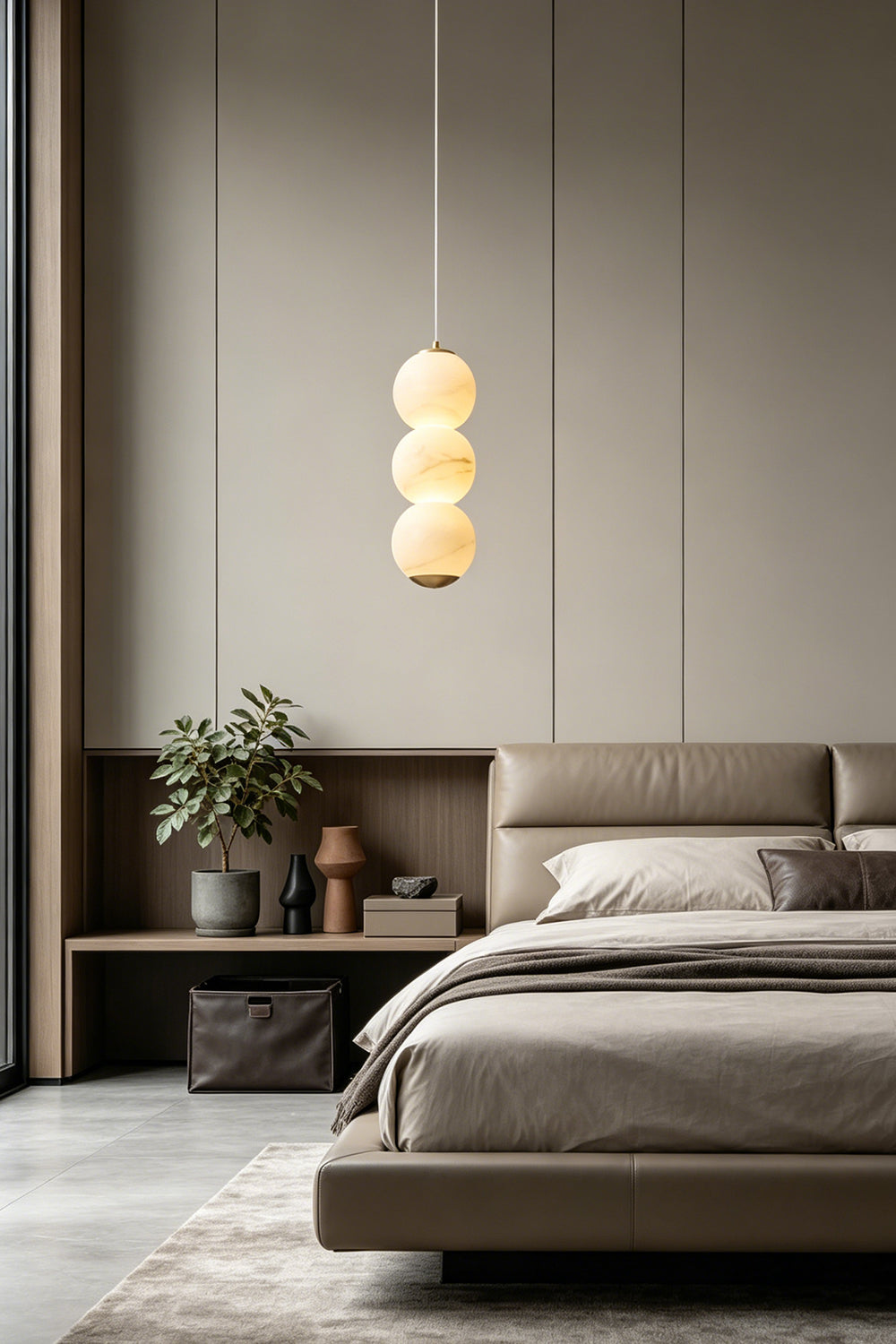 Imperial Epoch Alabaster Pendant Lamp | Metal, Alabaster | Bedside pendant lighting in a minimalist bedroom with neutral tones | Samu Lamp