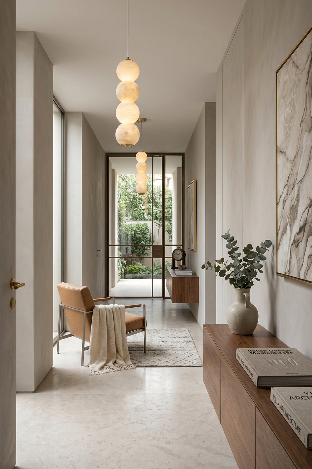 Imperial Epoch Alabaster Pendant Lamp | Metal, Alabaster | Series of pendants lighting up a long, bright modern corridor | Samu Lamp