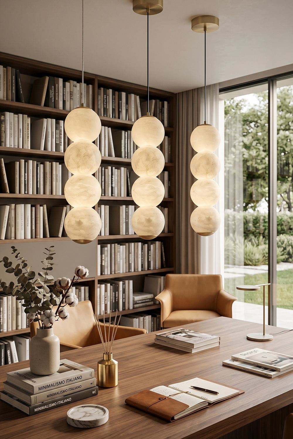 Imperial Epoch Alabaster Pendant Lamp | Metal, Alabaster | Trio of pendant lights over a large wooden desk in a modern home library | Samu Lamp