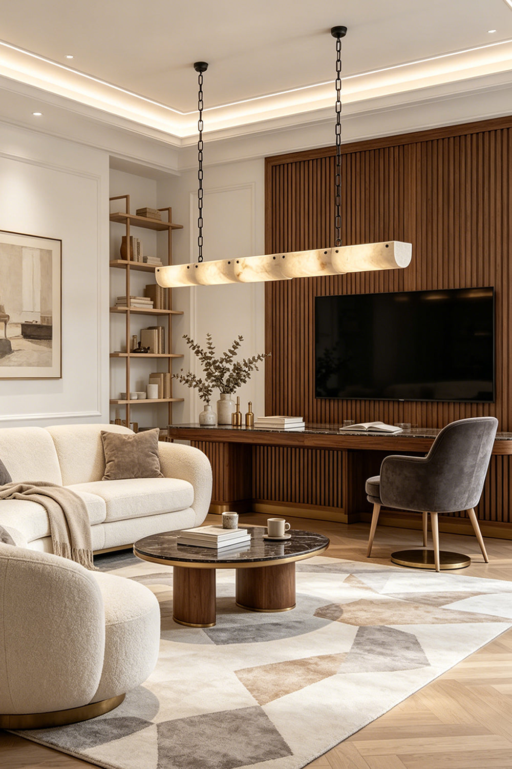Imperial Strata Alabaster Linear Pendant Lamp | Alabaster, Metal | Illuminating a luxury living room and home office area with wooden wall panels and a plush rug | Samu Lamp