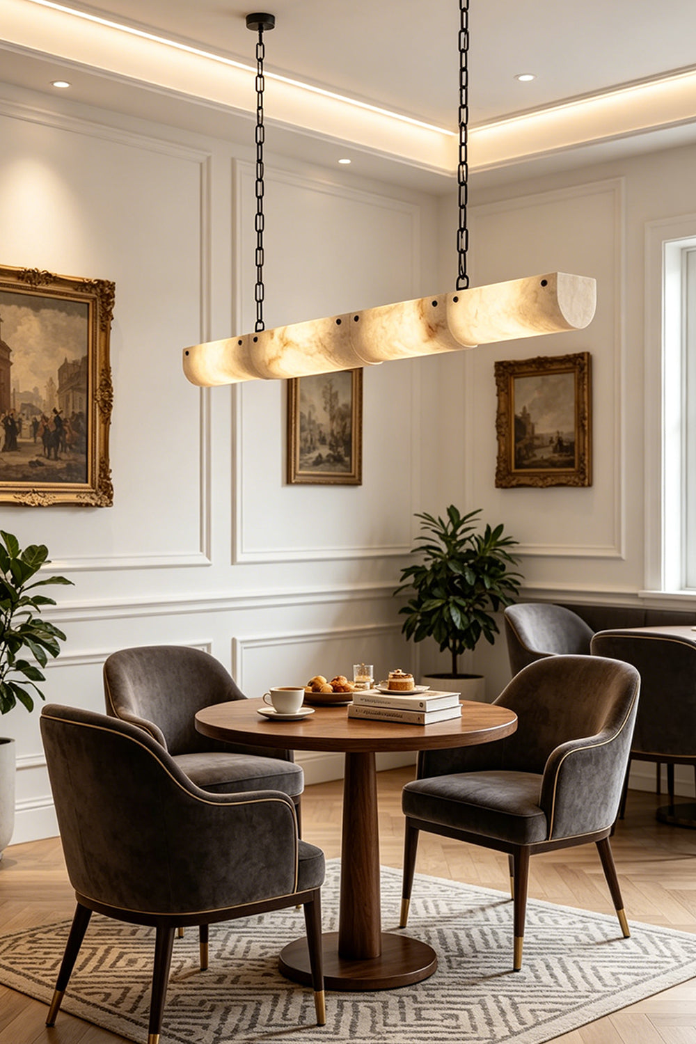 Imperial Strata Alabaster Linear Pendant Lamp | Alabaster, Metal | Hanging over a round dining table in a sophisticated room with classic artwork | Samu Lamp