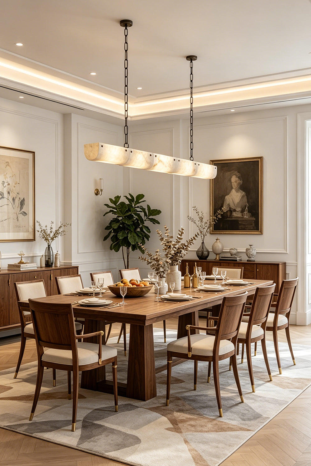 Imperial Strata Alabaster Linear Pendant Lamp | Alabaster, Metal | Providing a warm glow over a large formal dining setup with neutral decor and indoor plants | Samu Lamp