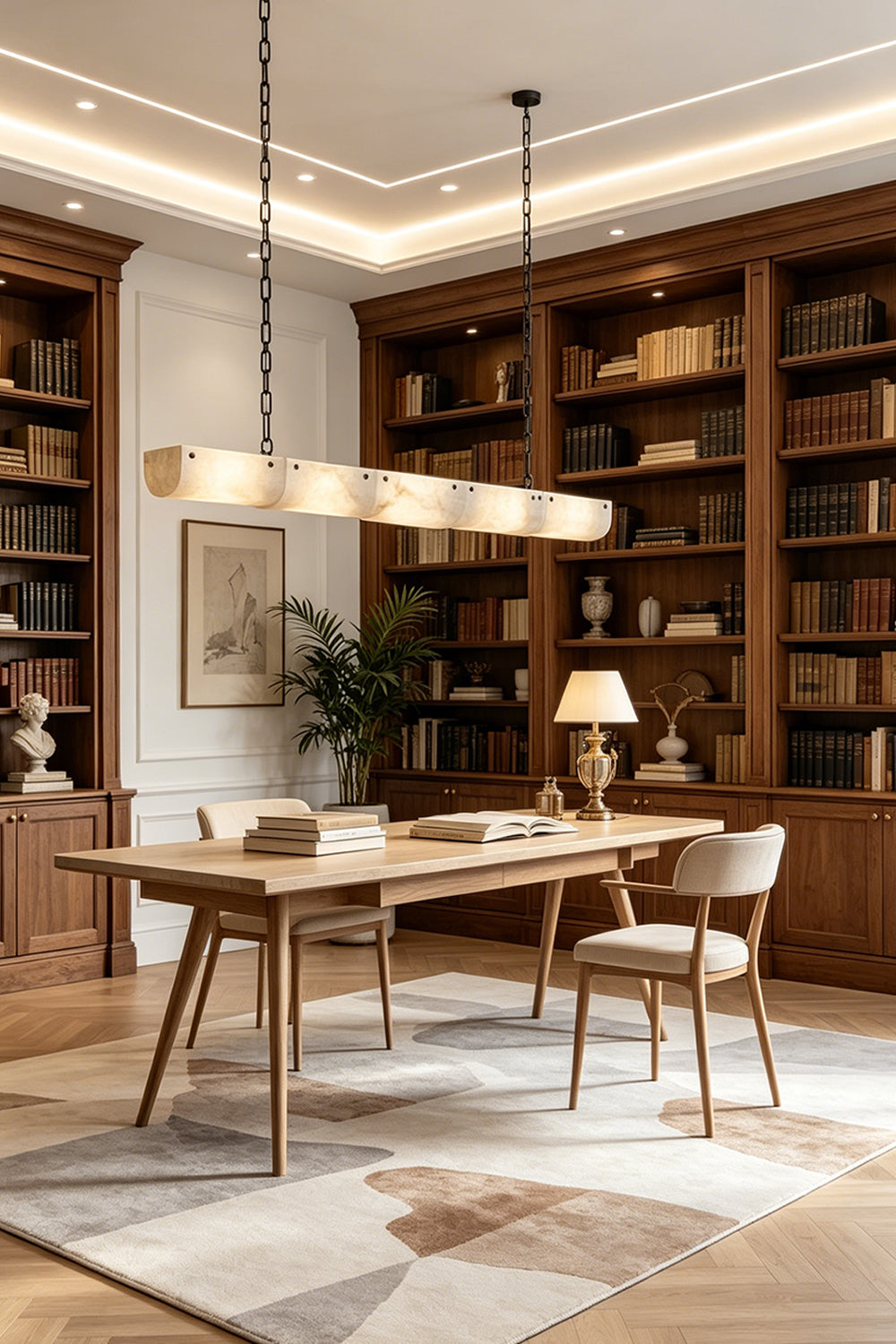 Imperial Strata Alabaster Linear Pendant Lamp | Alabaster, Metal | Suspended over a wooden desk in a home library with floor-to-ceiling bookshelves | Samu Lamp