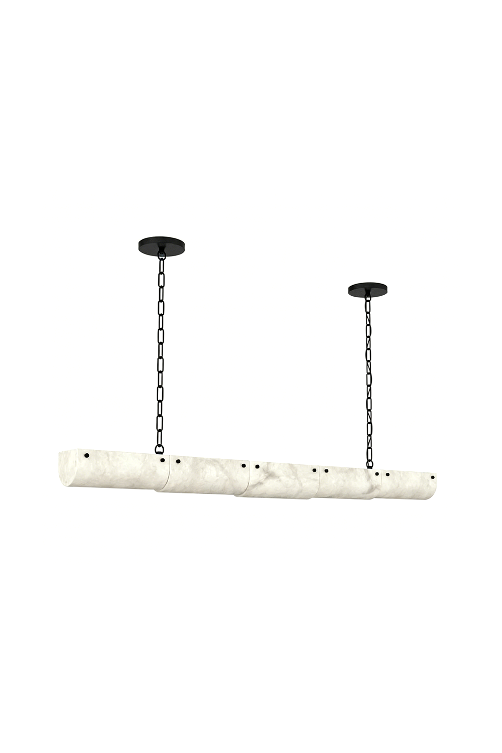Imperial Strata Alabaster Linear Pendant Lamp | Alabaster, Metal | Horizontal linear pendant with cylindrical alabaster segments and black chain suspension | Isolated lit product shot on white background | Samu Lamp