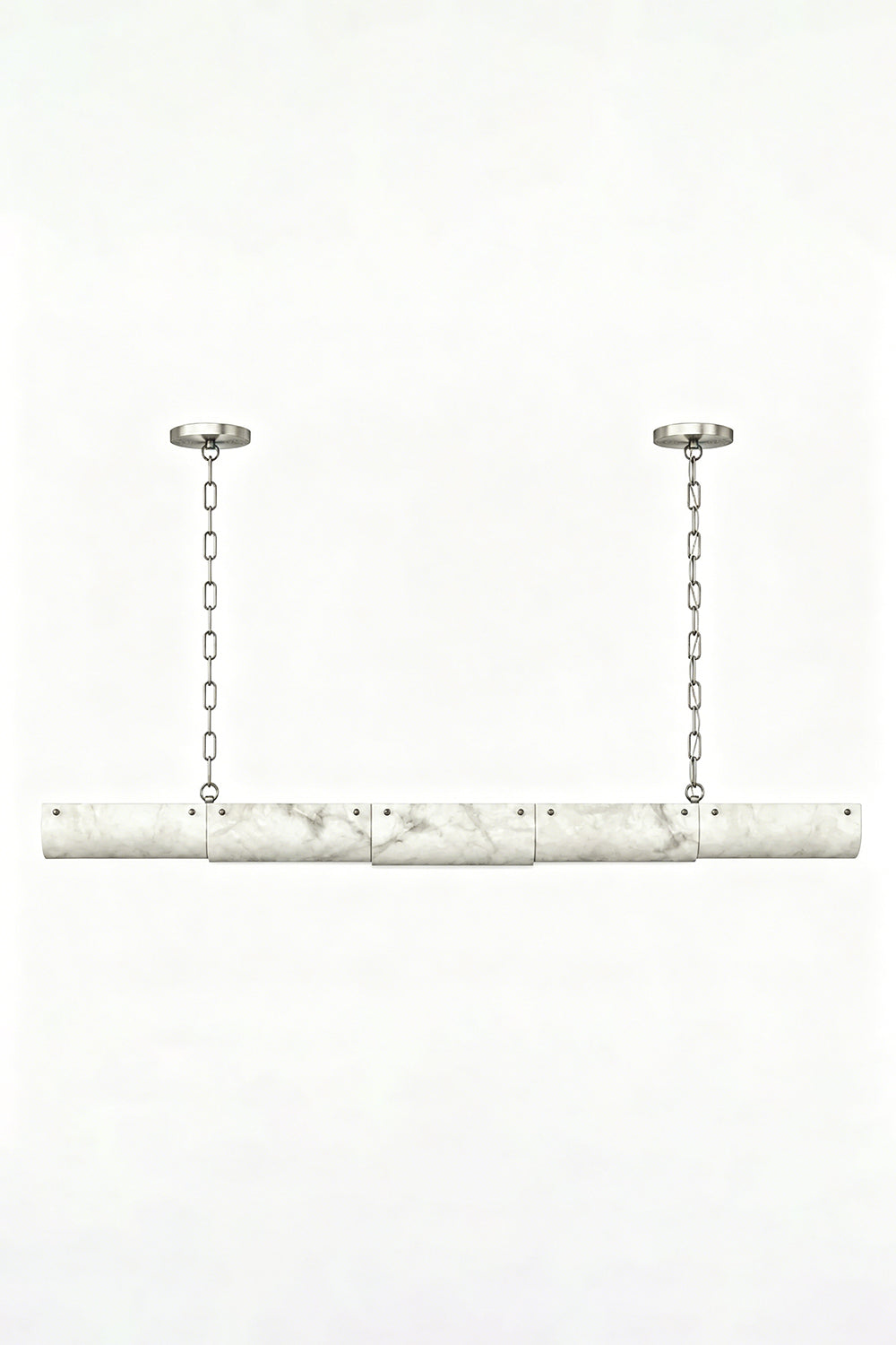 Imperial Strata Alabaster Linear Pendant Lamp | Alabaster, Metal | Straight-on view of the linear lamp featuring black hardware and four alabaster cylinders | Isolated shot | Samu Lamp