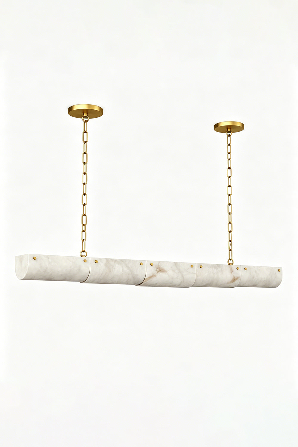 Imperial Strata Alabaster Linear Pendant Lamp | Alabaster, Metal | Straight-on view of the linear lamp featuring gold hardware and four alabaster cylinders | Isolated shot | Samu Lamp