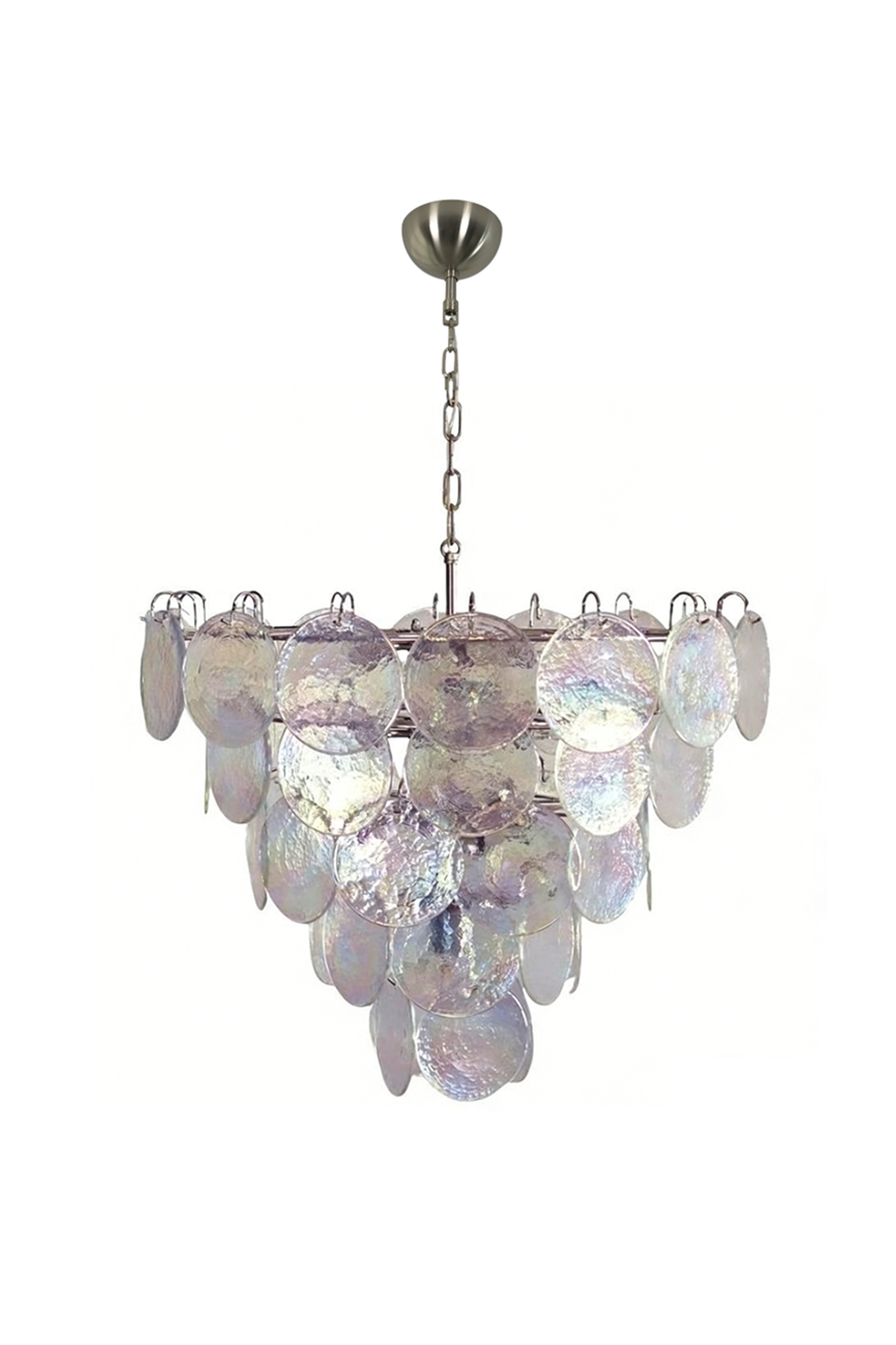 Tiered iridescent glass disc chandelier | Metal, Glass | Front view isolated on white background | Samu Lamp
