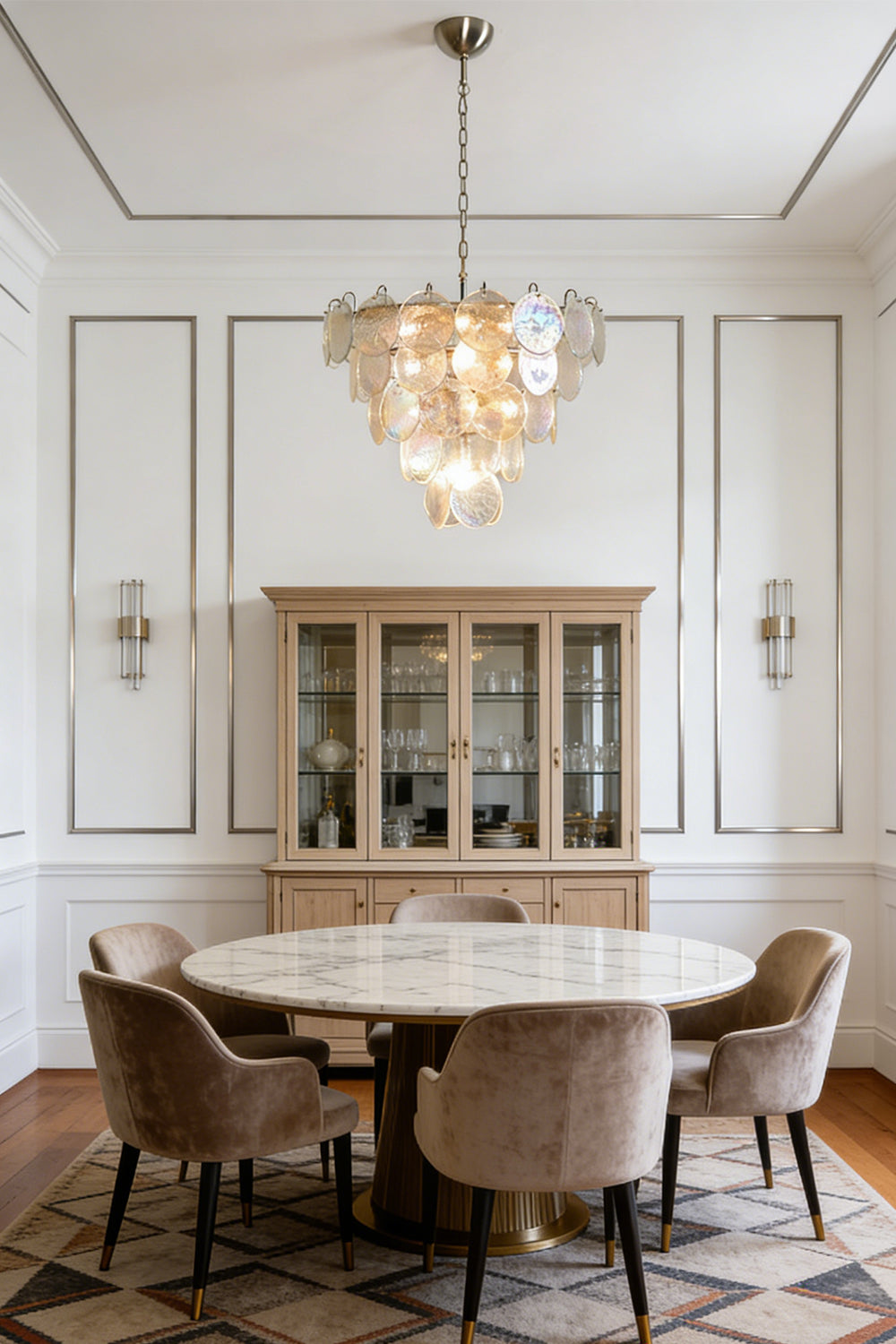Round iridescent glass chandelier | Metal, Glass | Installed over a dining table with neutral chairs | Samu Lamp