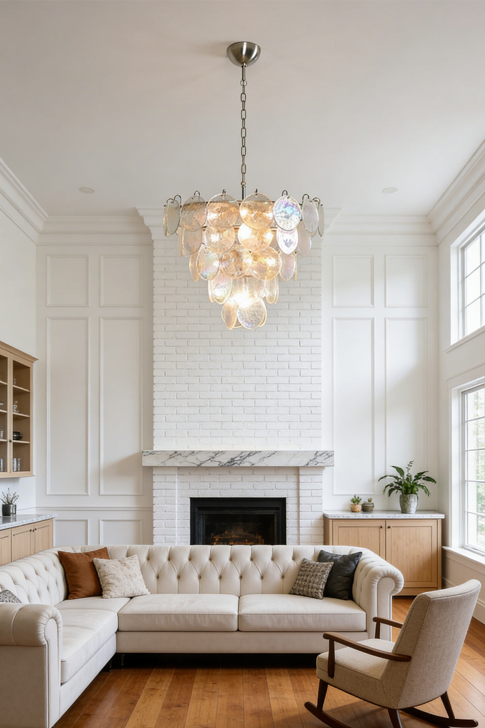 Elegant glass disc chandelier | Metal, Glass | Hanging in a bright living room with white sofa | Samu Lamp