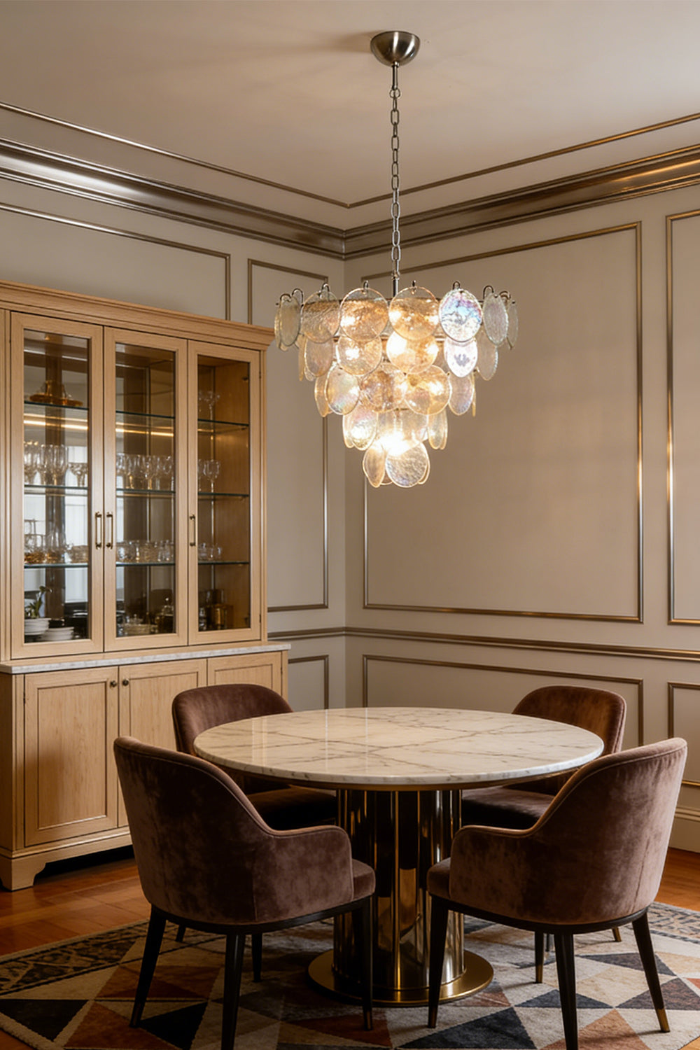 Luxury iridescent disc chandelier | Metal, Glass | Dining room interior with dark wood furniture | Samu Lamp
