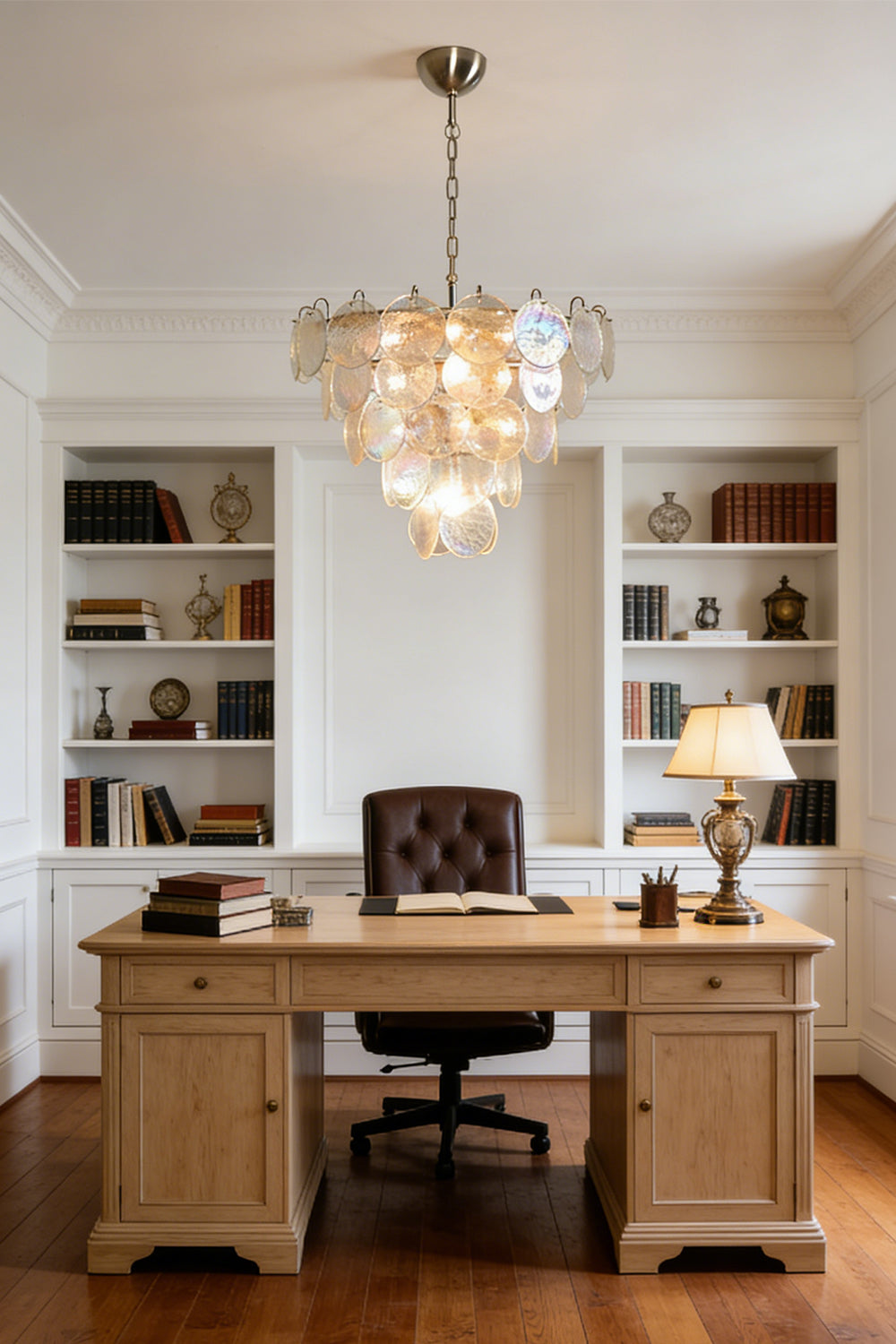 Iridescent glass cluster chandelier | Metal, Glass | Installed in a home office above a wooden desk | Samu Lamp