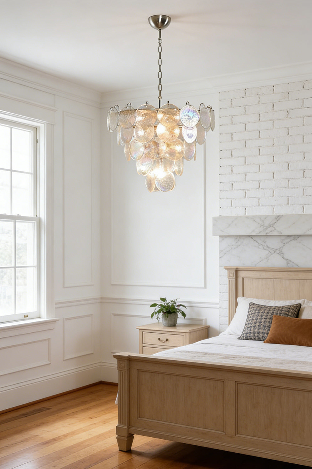 Iridescent glass disc ceiling light | Metal, Glass | Bedroom interior view with wooden furniture | Samu Lamp