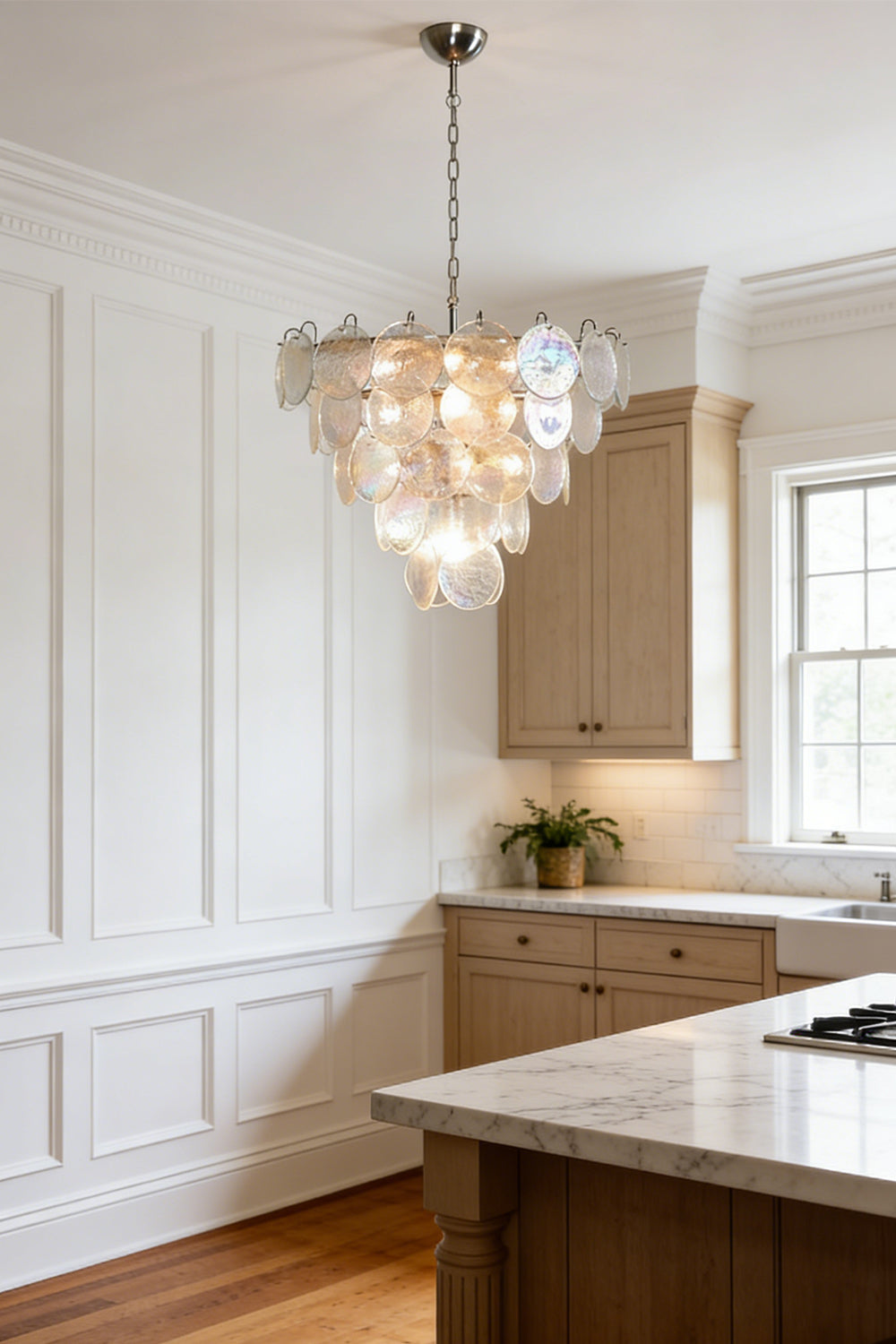 Multi-tier iridescent glass chandelier | Metal, Glass | Kitchen interior shot with white cabinetry | Samu Lamp