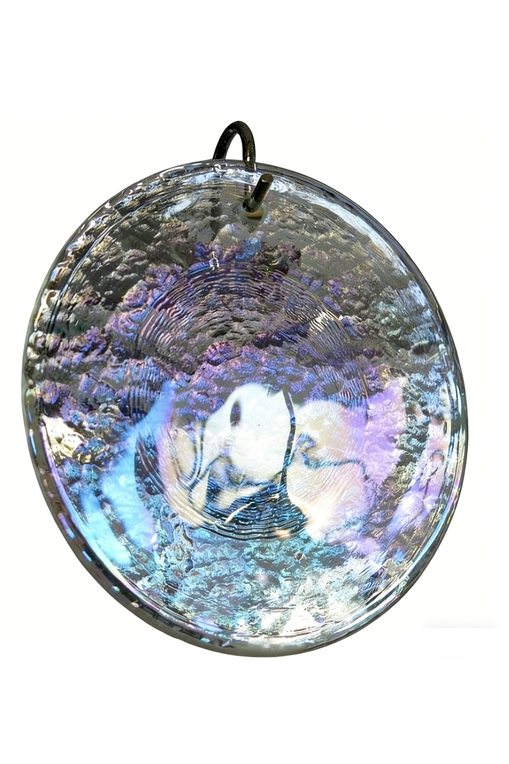 Single iridescent glass disc piece | Glass | Isolated detail of a hook-attached glass disc | Samu Lamp