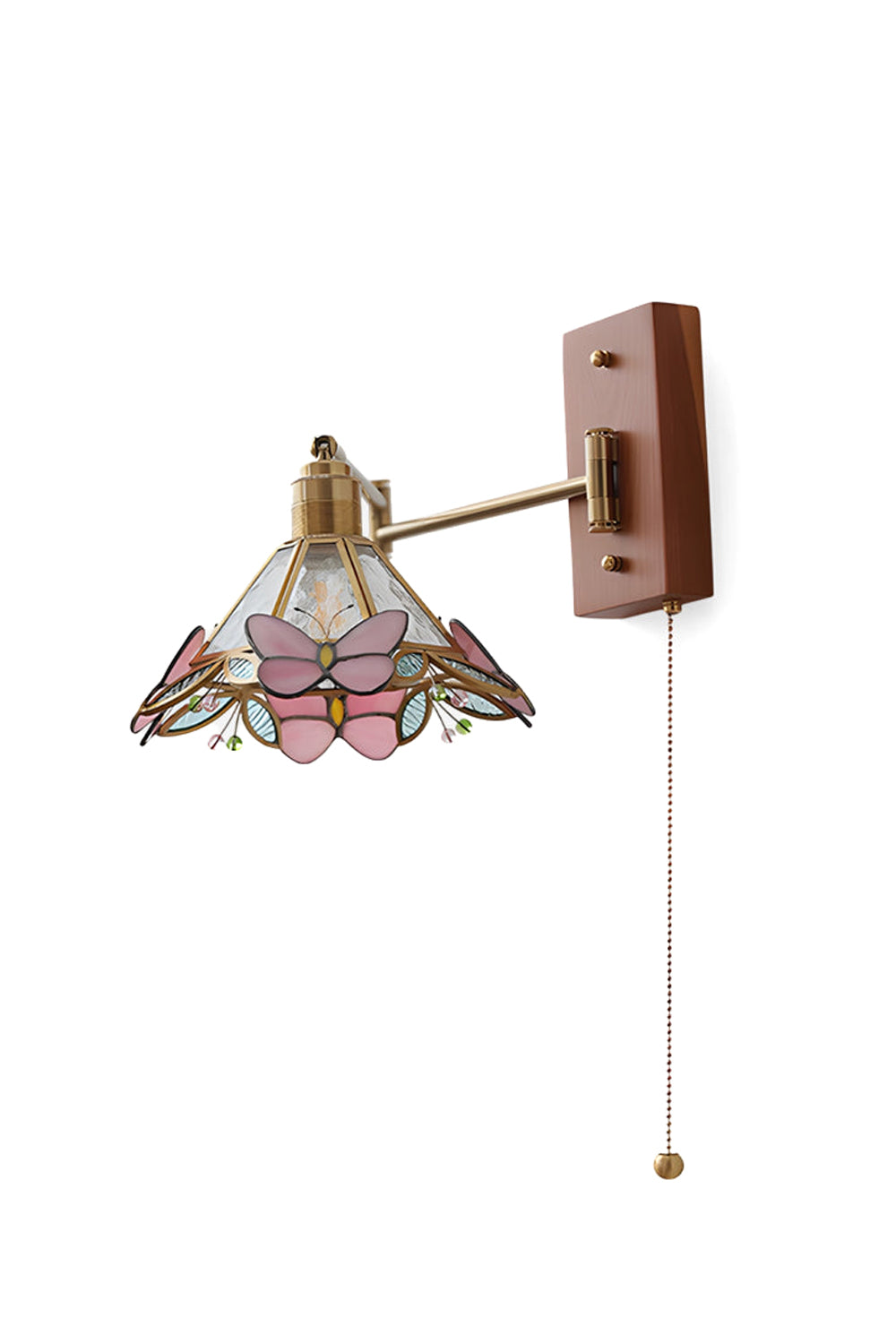 Iris Butterfly Stained Glass Wall Lamp | Stained Glass, Metal, Wood | Fully lit conical Tiffany-style stained glass wall sconce featuring pink butterflies, an adjustable gold brass swing arm, and a rectangular wood backplate with a pull chain | Isolated product shot on white background | Samu Lamp
